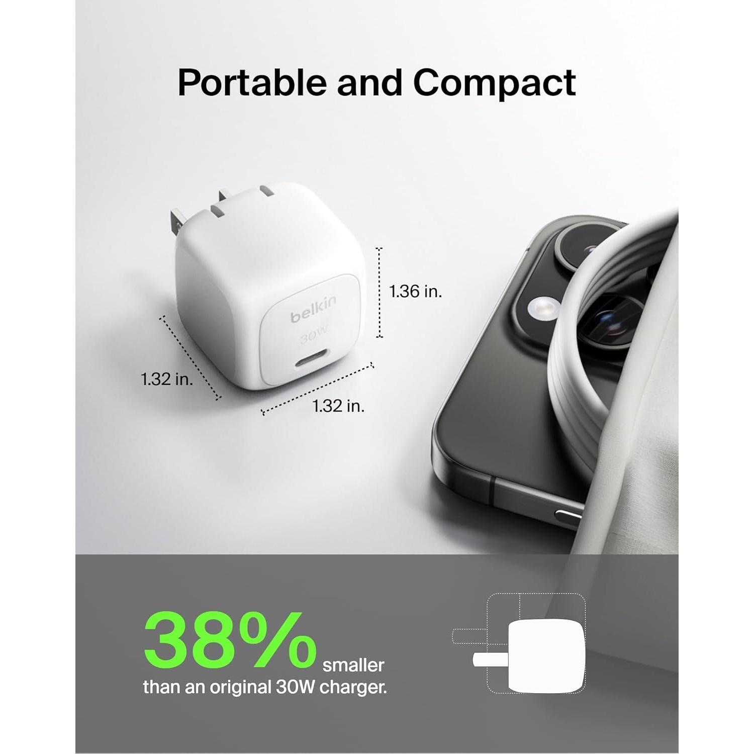 Cargador de Pared USB-C Belkin 30W Carga Rápida para iPhone y Galaxy