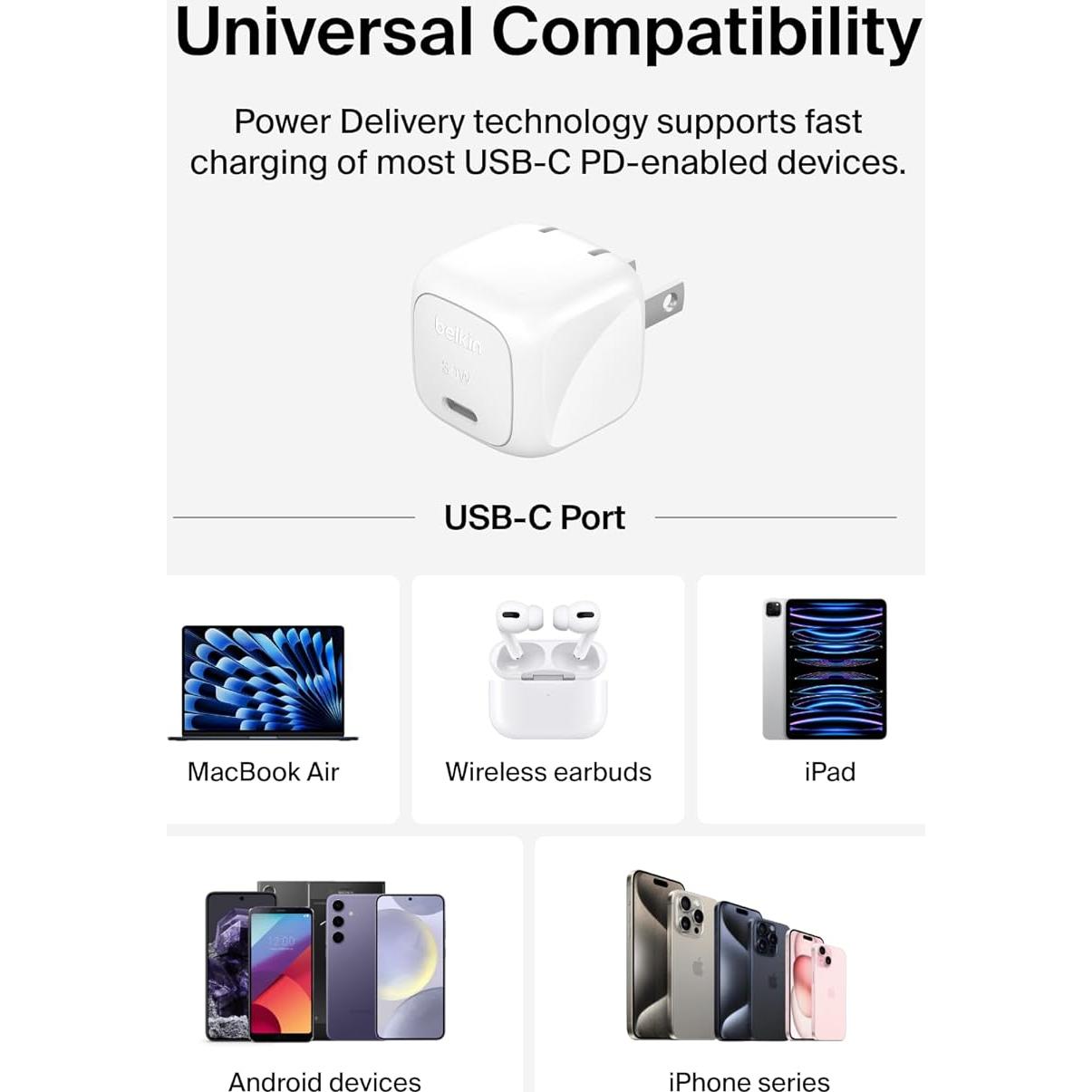 Cargador de Pared USB-C Belkin 30W Carga Rápida para iPhone y Galaxy