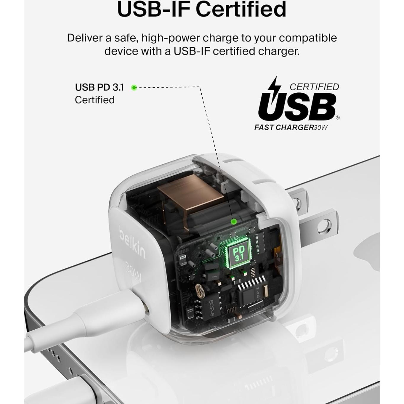 Cargador de Pared USB-C Belkin 30W Carga Rápida para iPhone y Galaxy