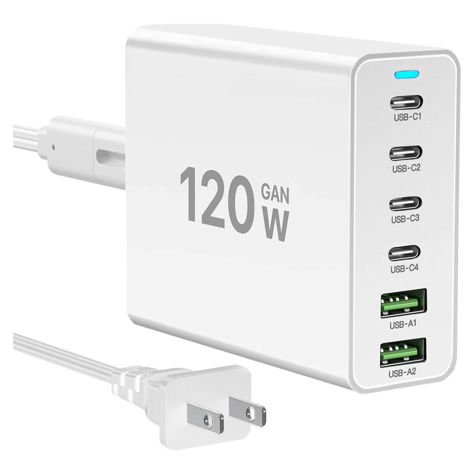 Cargador Rápido USB C 120W 6 Puertos HNT-PD609 Blanco