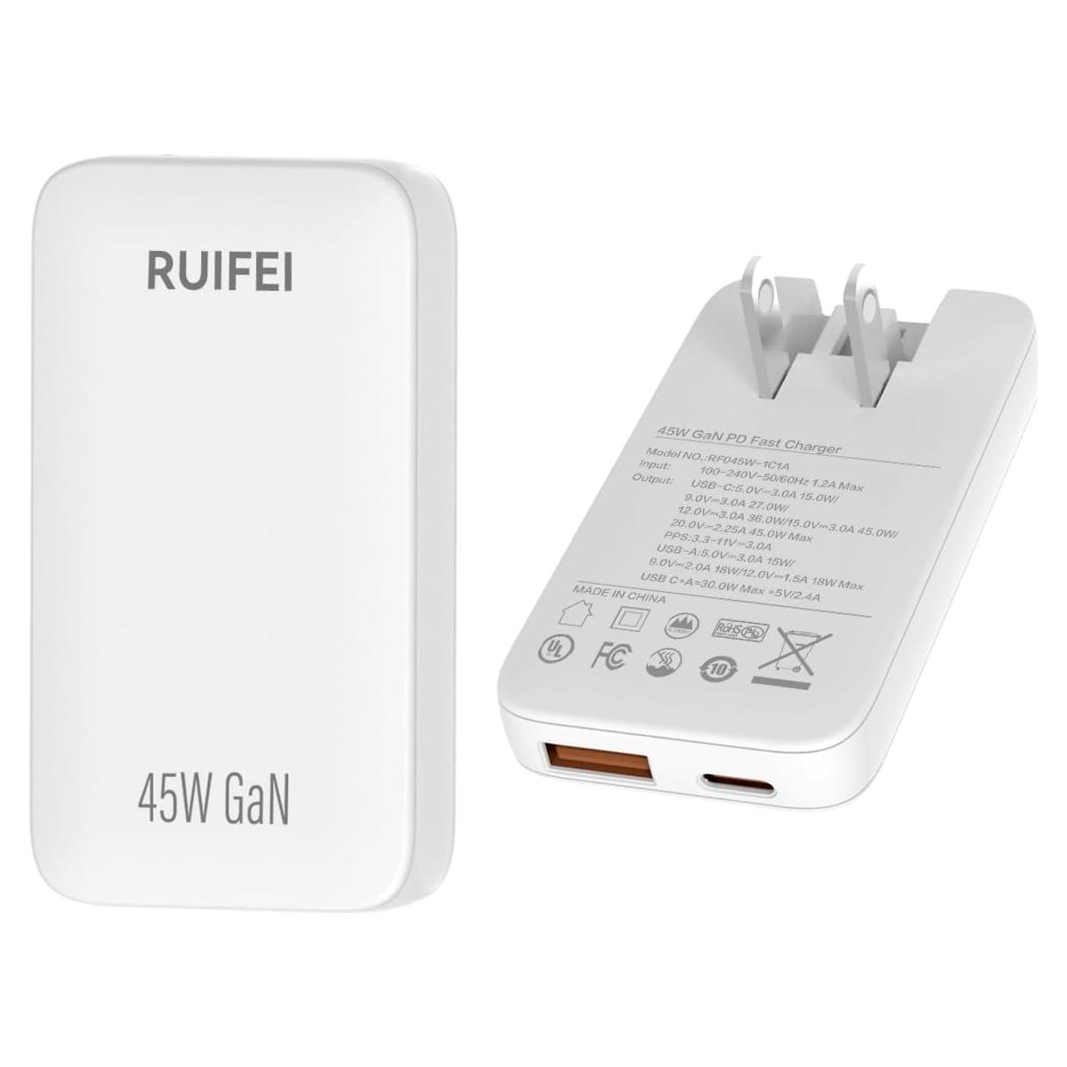 Cargador USB C 45W RUIFEI Doble Puerto Pared Blanco