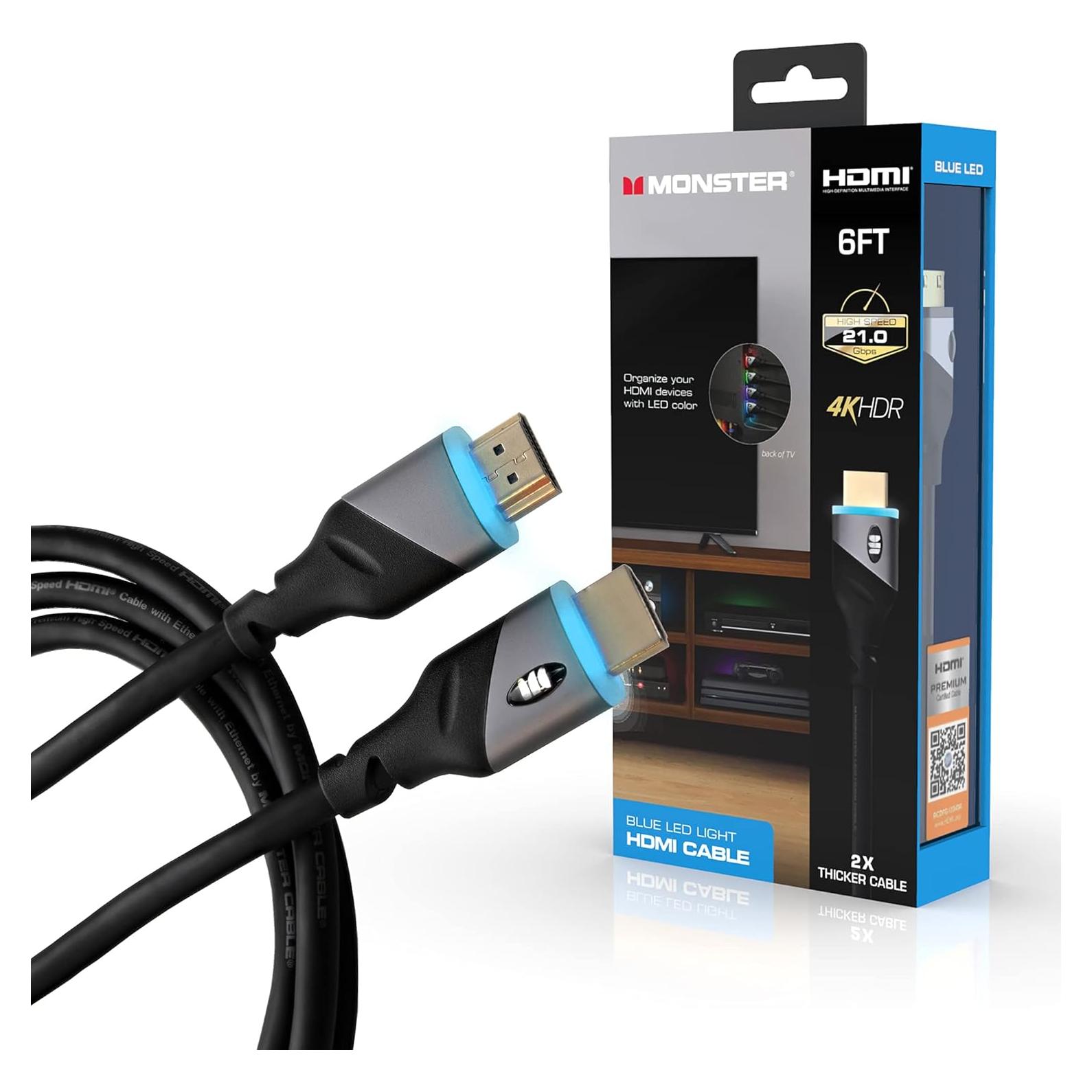Cable HDMI Monster 1.83m Alta Velocidad 4K HDR Luz LED Azul