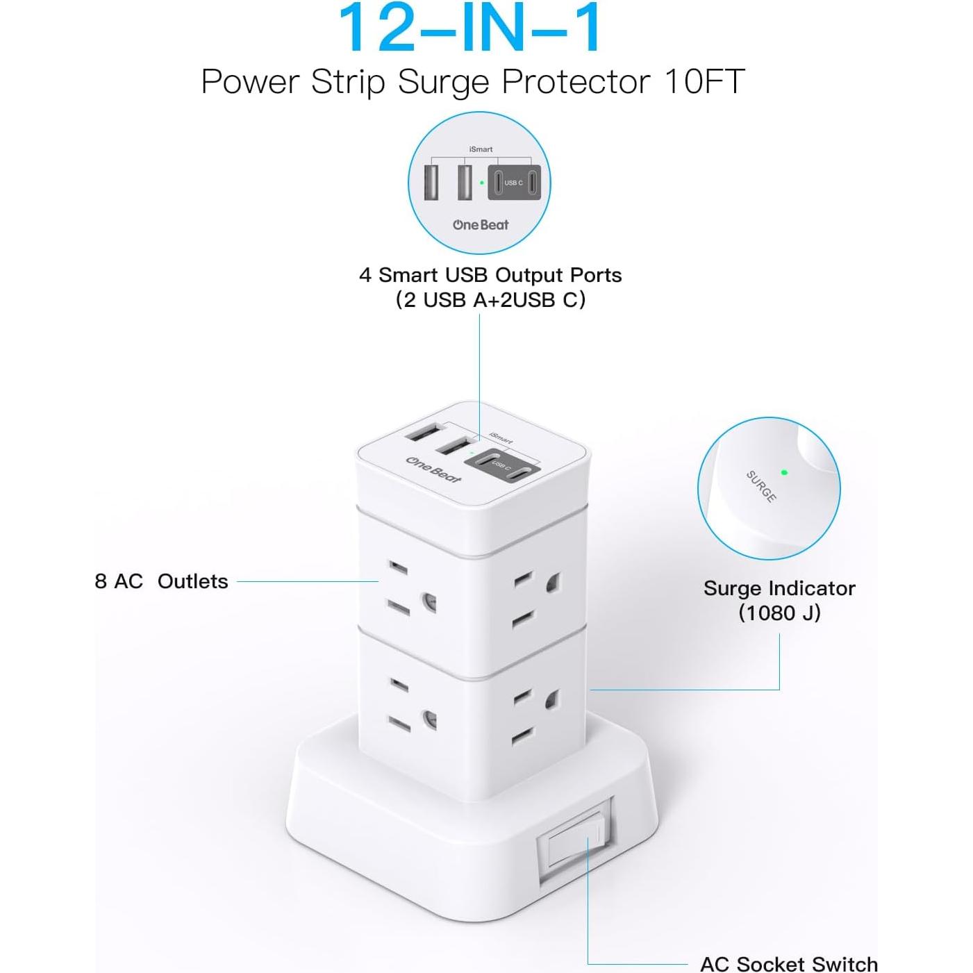 Regleta de Alimentación One Beat 10 pies 8 Salidas AC 4 USB