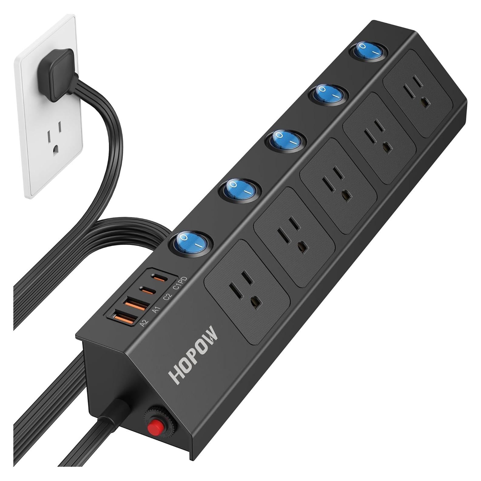 Regleta de Enchufes Plana HOPOW 3m 5 Salidas 4 USB Carga Rápida