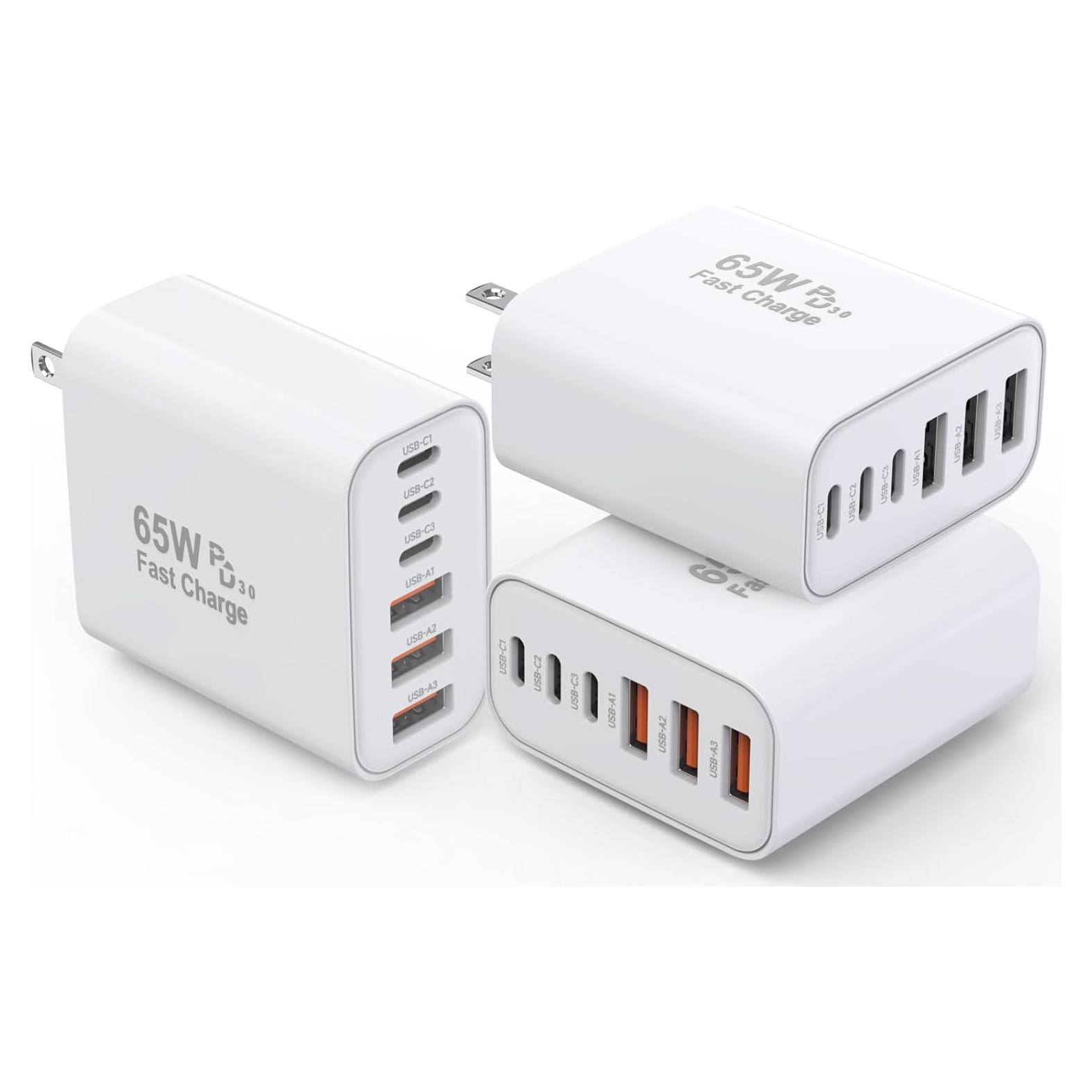 Paquete de 3 Cargadores de Pared GaN 65W USB-C y USB-A