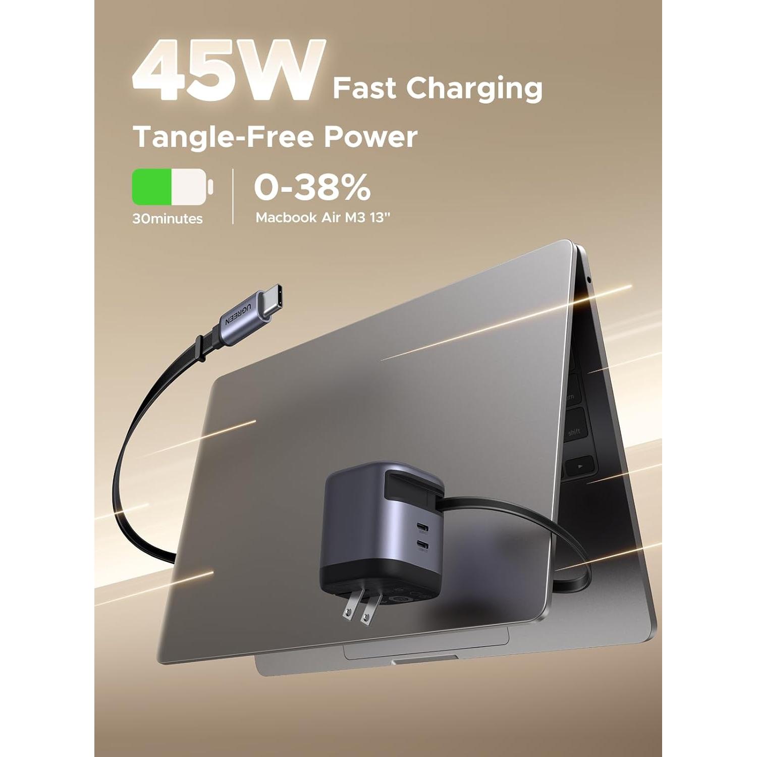 Cargador Rápido UGREEN Nexode 45W GaN 3 Puertos USB-C Plegable