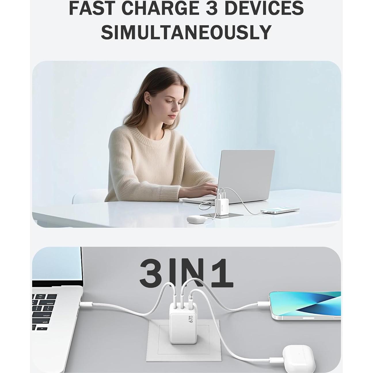 Cargador WeLink 67W GaN USB-C Plegable 3 Puertos para MacBook