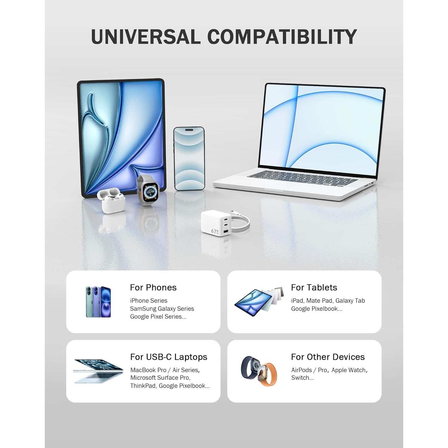 Cargador WeLink 67W GaN USB-C Plegable 3 Puertos para MacBook