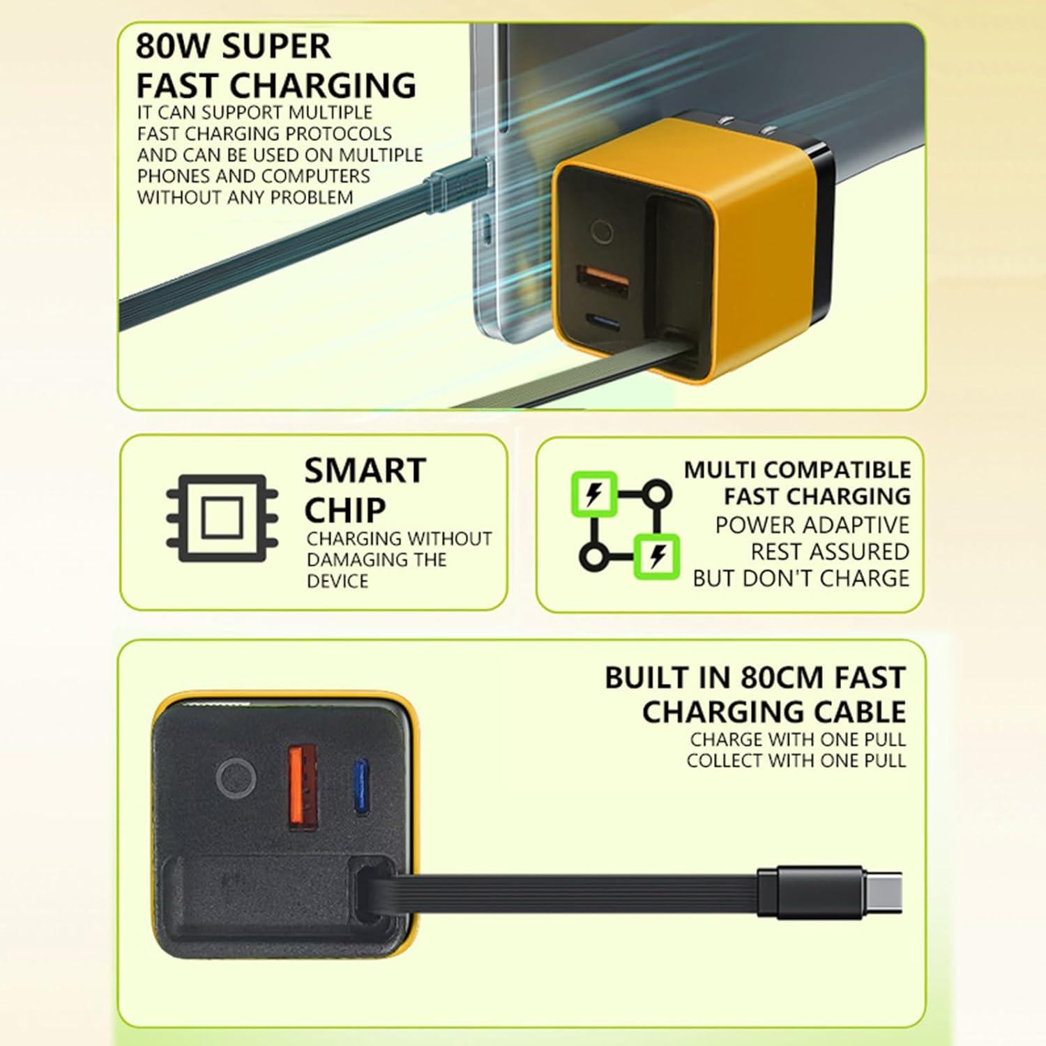 Cargador Rápido 80W Gan 3 en 1 Genérico con 2 USB y Tipo-C