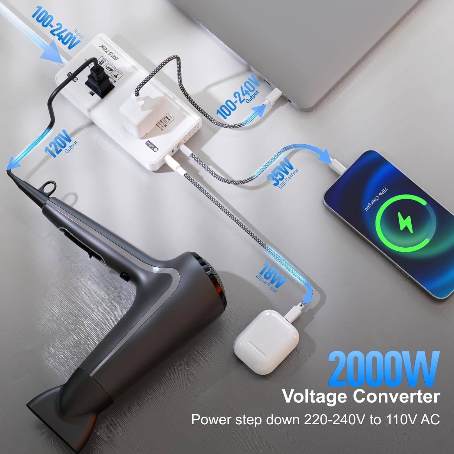Convertidor de Voltaje 220V a 110V BESTEK 2000W con USB