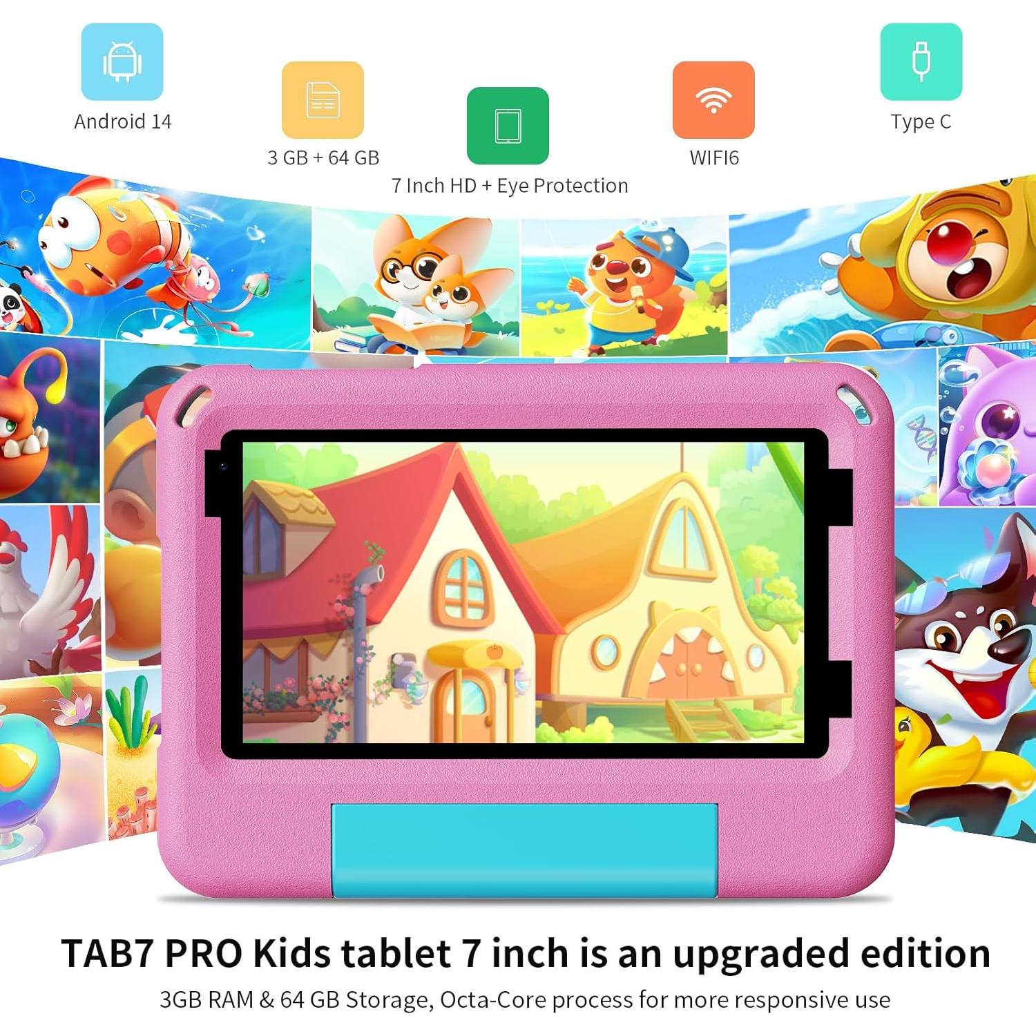 Tablet PRITOM TAB7 PRO Rosa 7" 64GB 3GB RAM Android 14 Niños