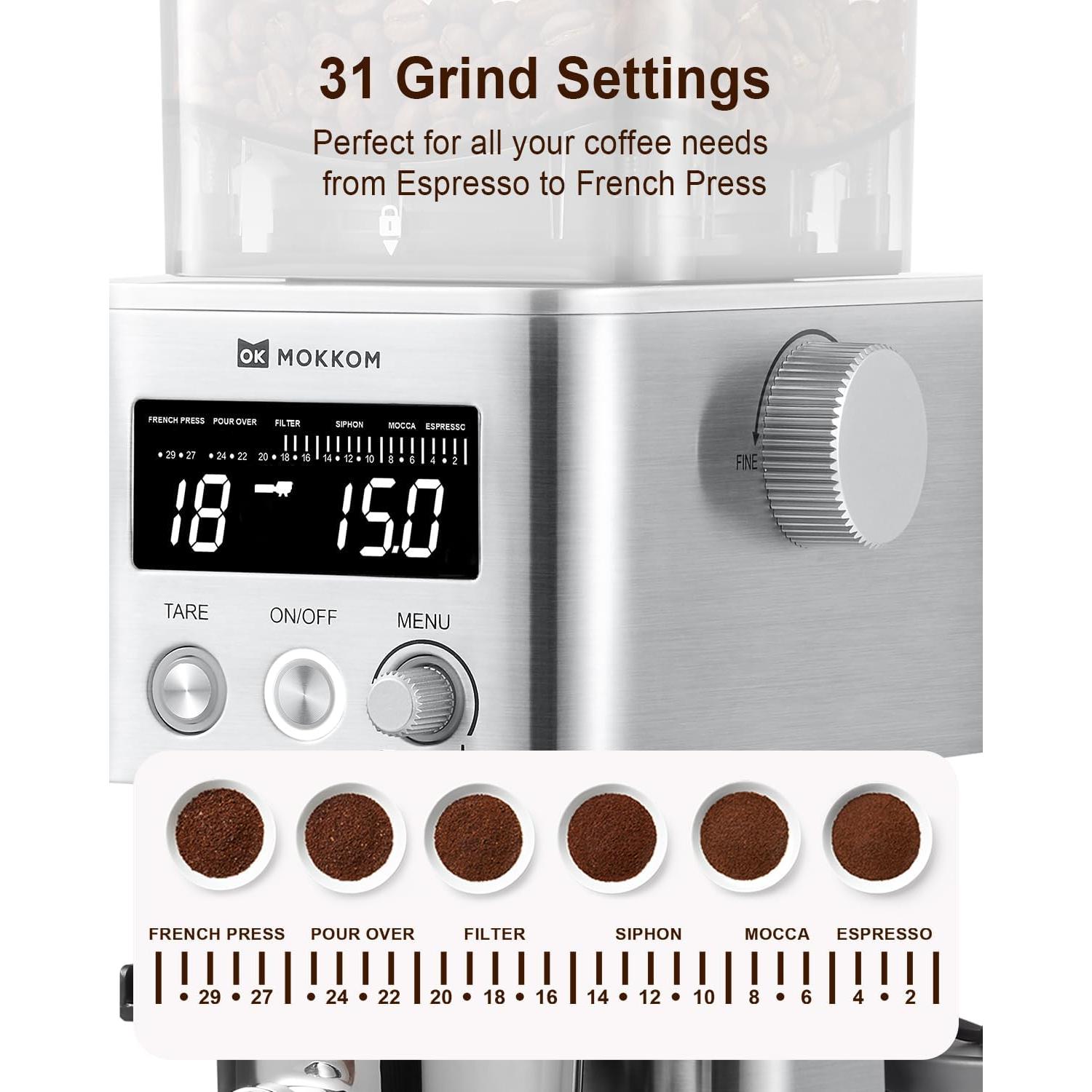 Molinillo de Café MOKKOM con Escala Bluetooth y 31 Configuraciones