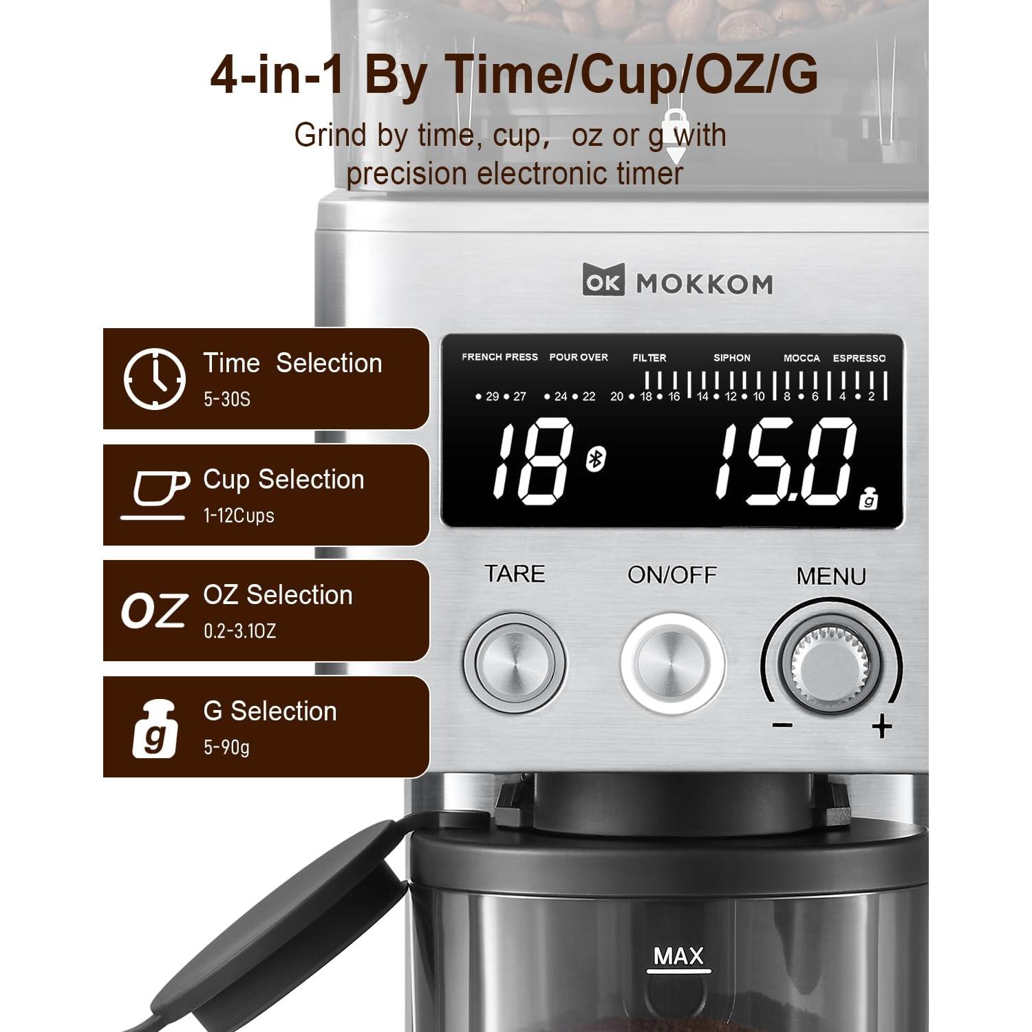 Molinillo de Café MOKKOM con Escala Bluetooth y 31 Configuraciones