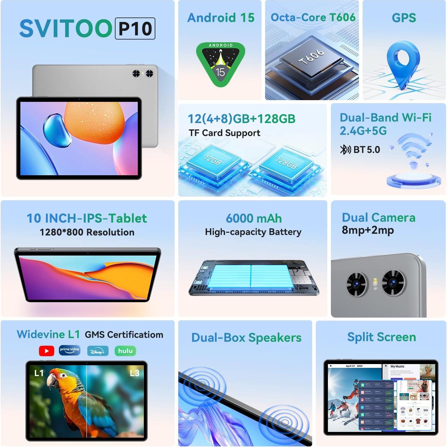 Tableta Android 15 SVITOO P10GY 10" 12GB RAM 128GB Gris