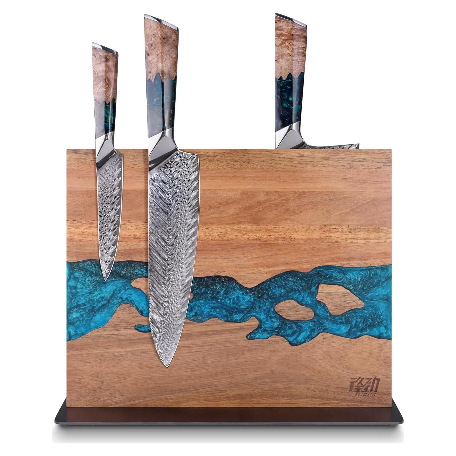 Soporte Magnético para Cuchillos FINDKING, Madera Acacia y Resina Azul, 30.5x25.4 cm