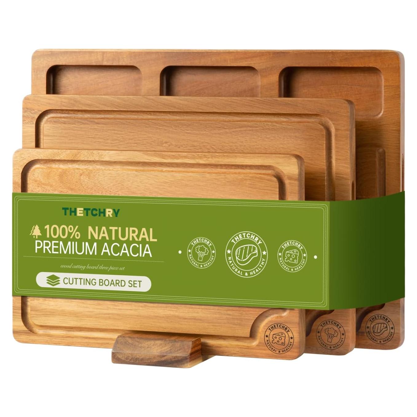 Juego de Tablas de Cortar de Madera de Acacia THETCHRY 3 Piezas