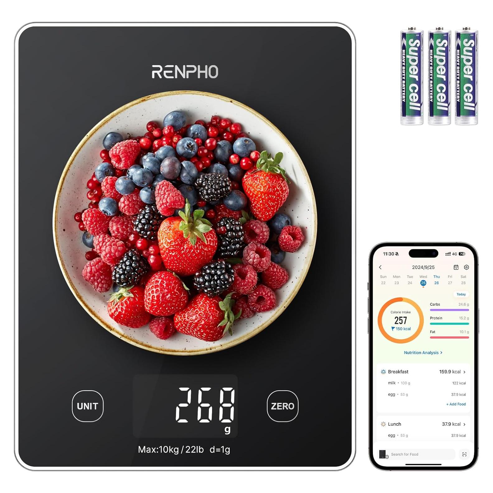 Báscula Digital de Cocina RENPHO 10kg, Vidrio Negro, Nutricional