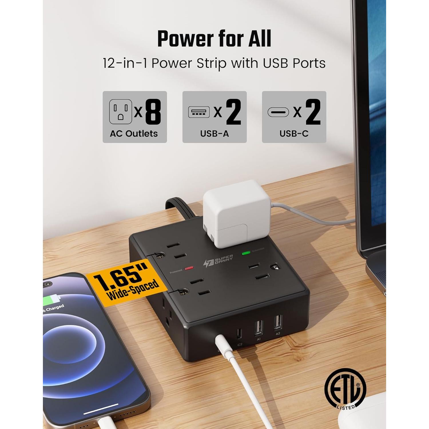 Regleta de Protección 8 Salidas y 4 USB C Superdany 1.83m