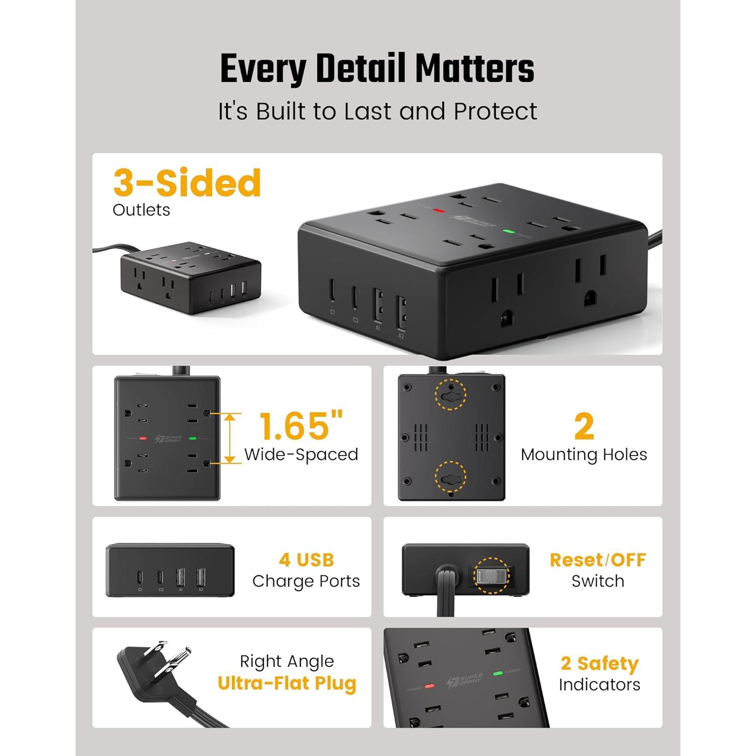 Regleta de Protección 8 Salidas y 4 USB C Superdany 1.83m