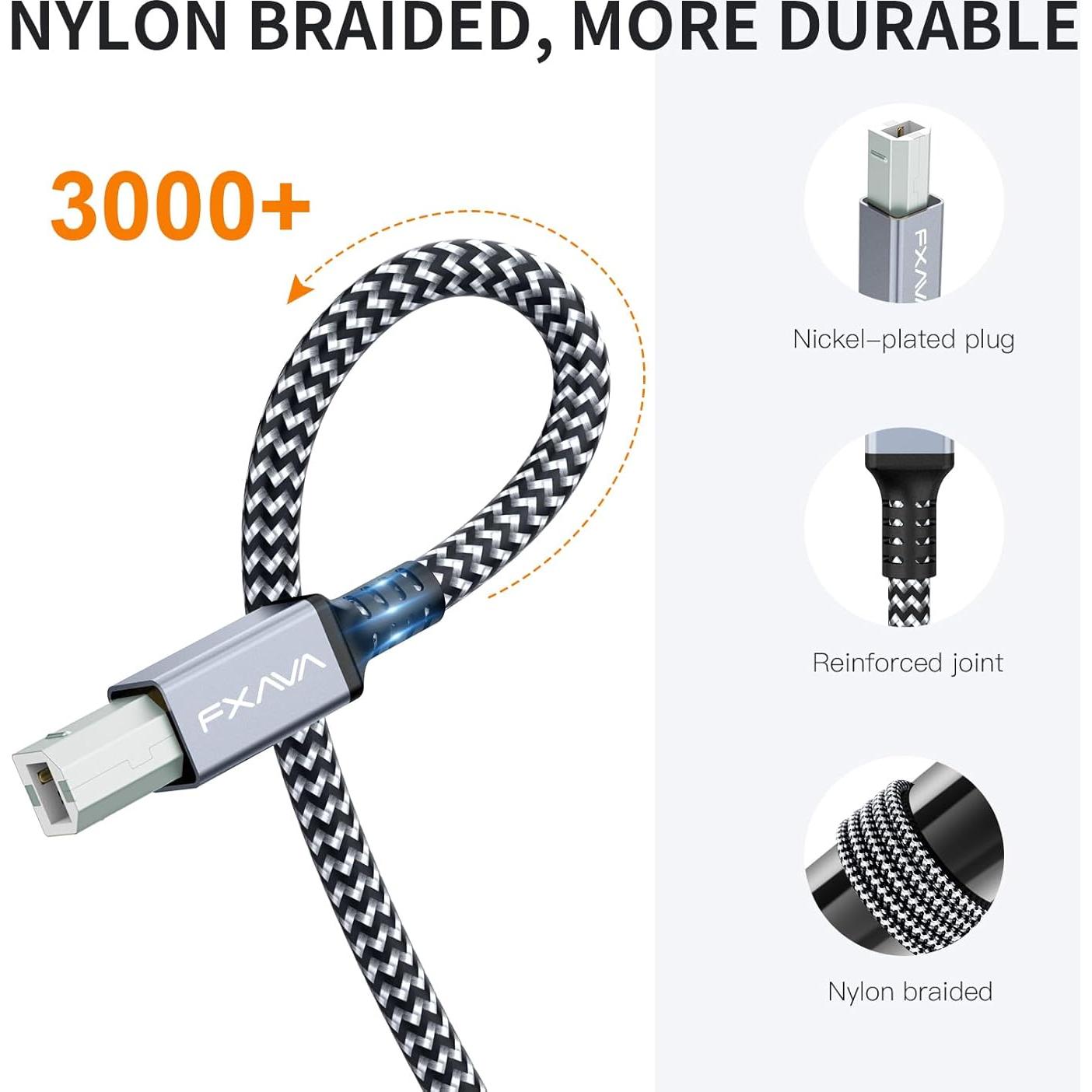 Cable de Impresora USB 2.0 FXAVA 6.1m Nylon Trenzado