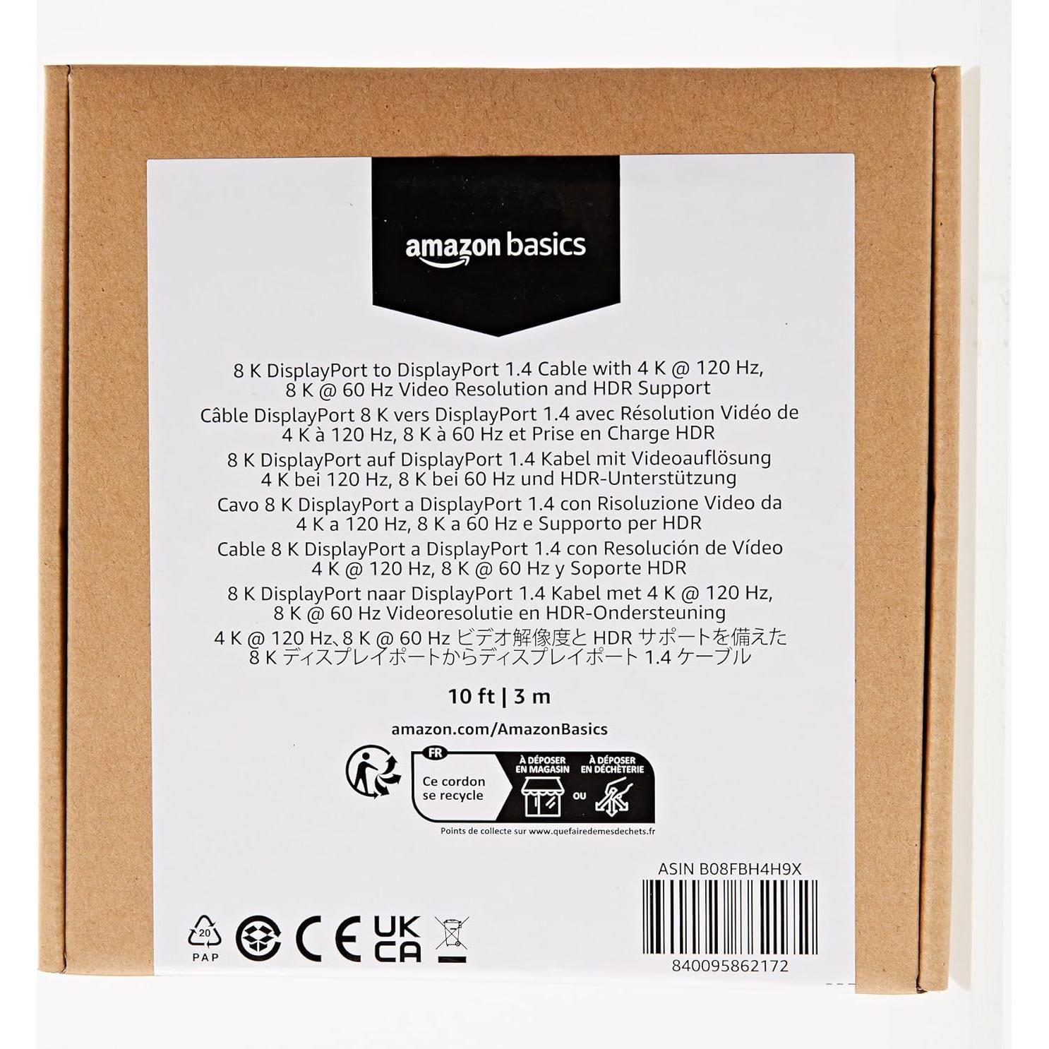 Cable DisplayPort 1.4 Amazon Basics 3m 8K 32.4Gbps Negro