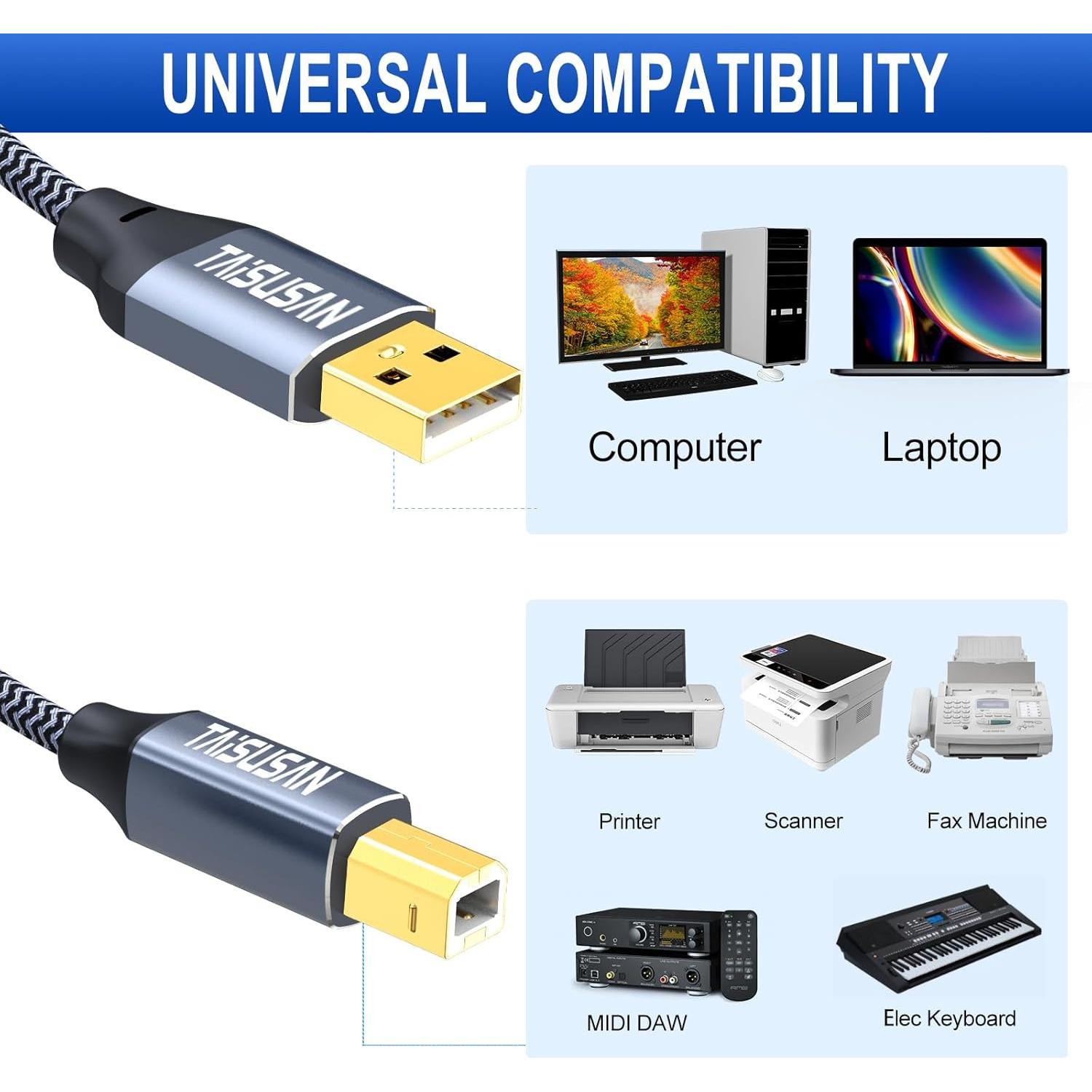 Cable de impresora USB 9.14m TAiSUSAN Tipo A a B Gris