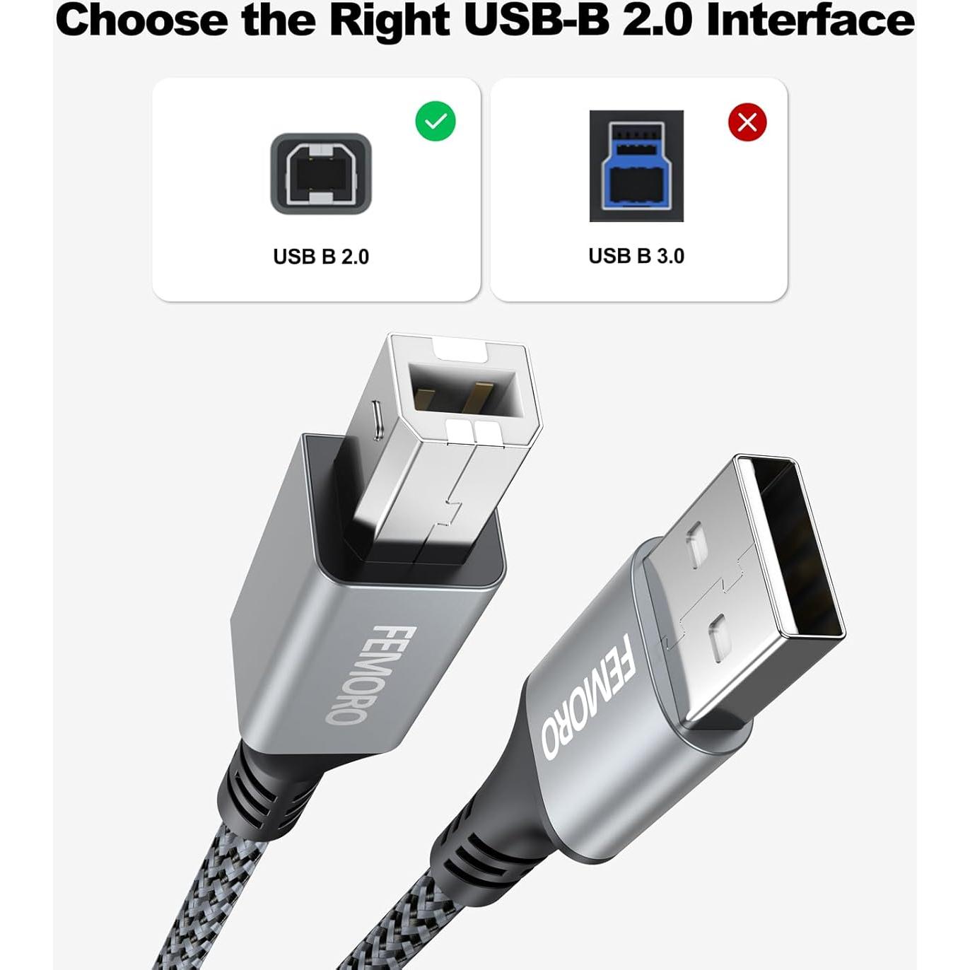 Cable de Impresora USB 2.0 FEMORO 10 Pies 2-Pack Alta Velocidad