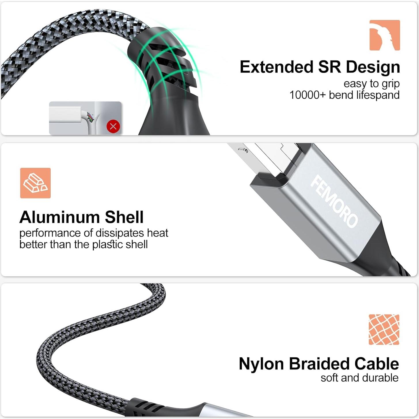 Cable de Impresora USB 2.0 FEMORO 10 Pies 2-Pack Alta Velocidad