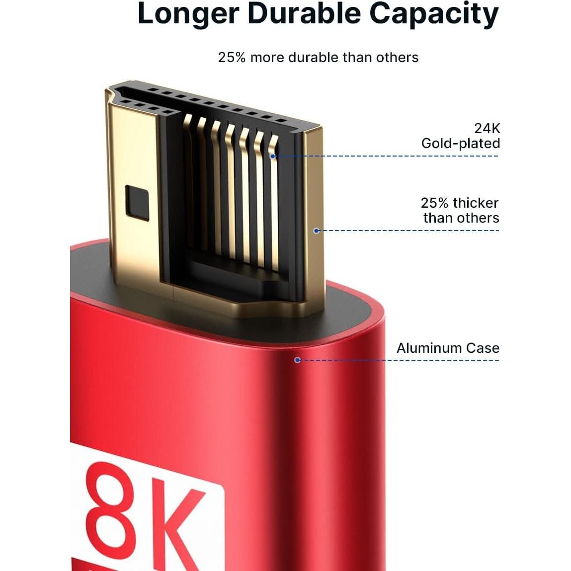 JSAUX 8K Long HDMI Cable 25ft 2-Pack, 48Gbps High Speed HDMI 2.1 Cord, 4K 120Hz/144Hz, 8K@60Hz, Dynamic HDR, DTS:X, 2K, 1080P, 3D, eARC Compatible with Laptop UHD TV Gaming Monitor PS5 PS4 -Red