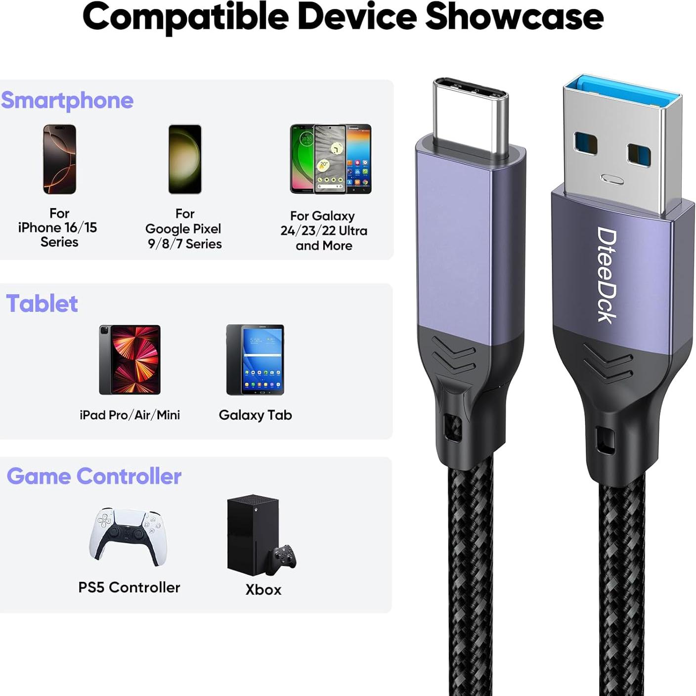 Cable USB C 6m DteeDck, Carga Rápida 2.4A, 5Gbps