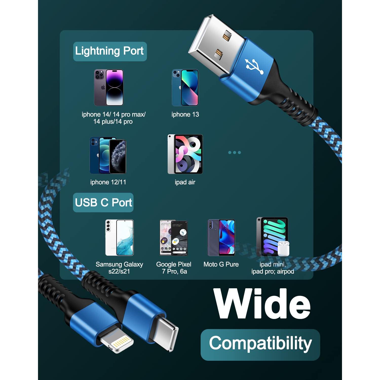 Cable de Carga Múltiple 2-en-1 1.22m Lightning y USB-C