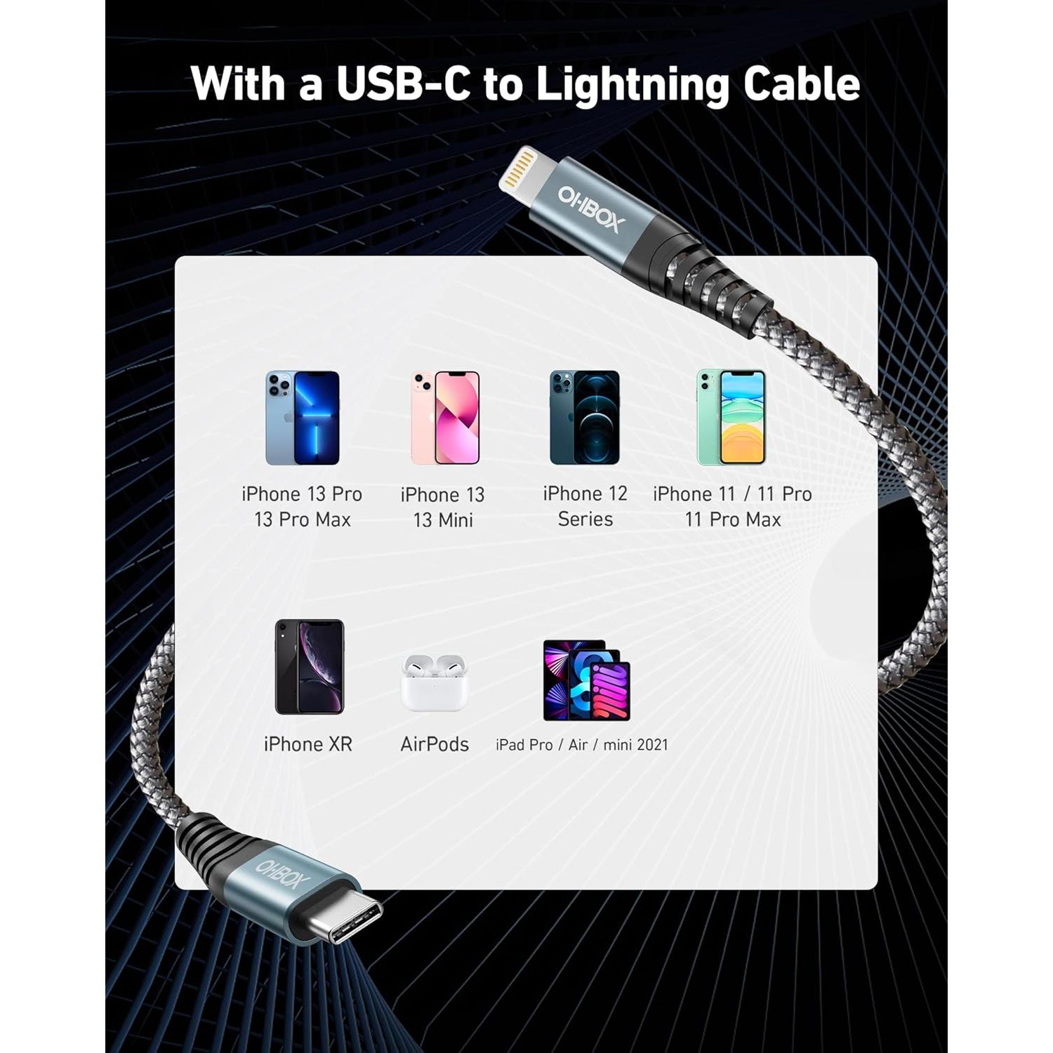 Cargador Rápido USB C a Lightning 10FT 2Pack ohbox