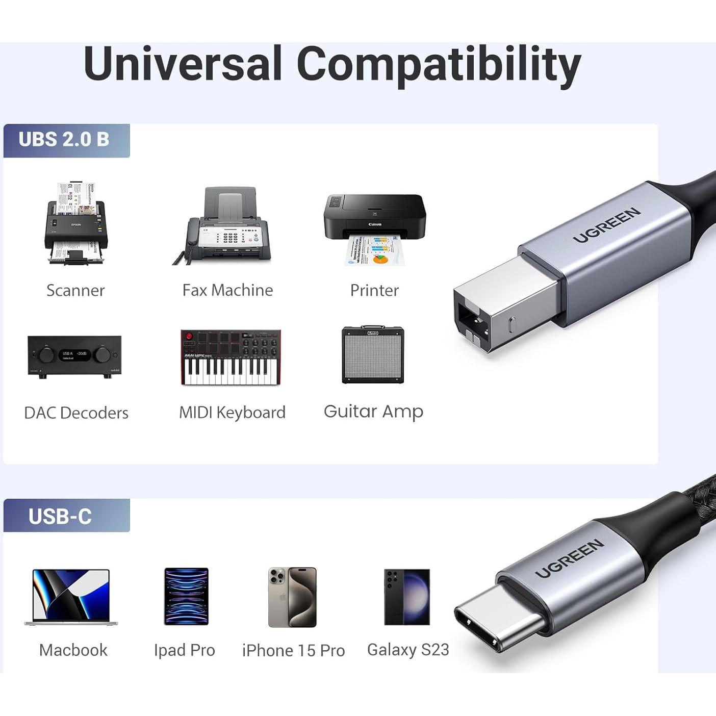 Cable USB B a USB C UGREEN 0.91 m para Impresora y MIDI
