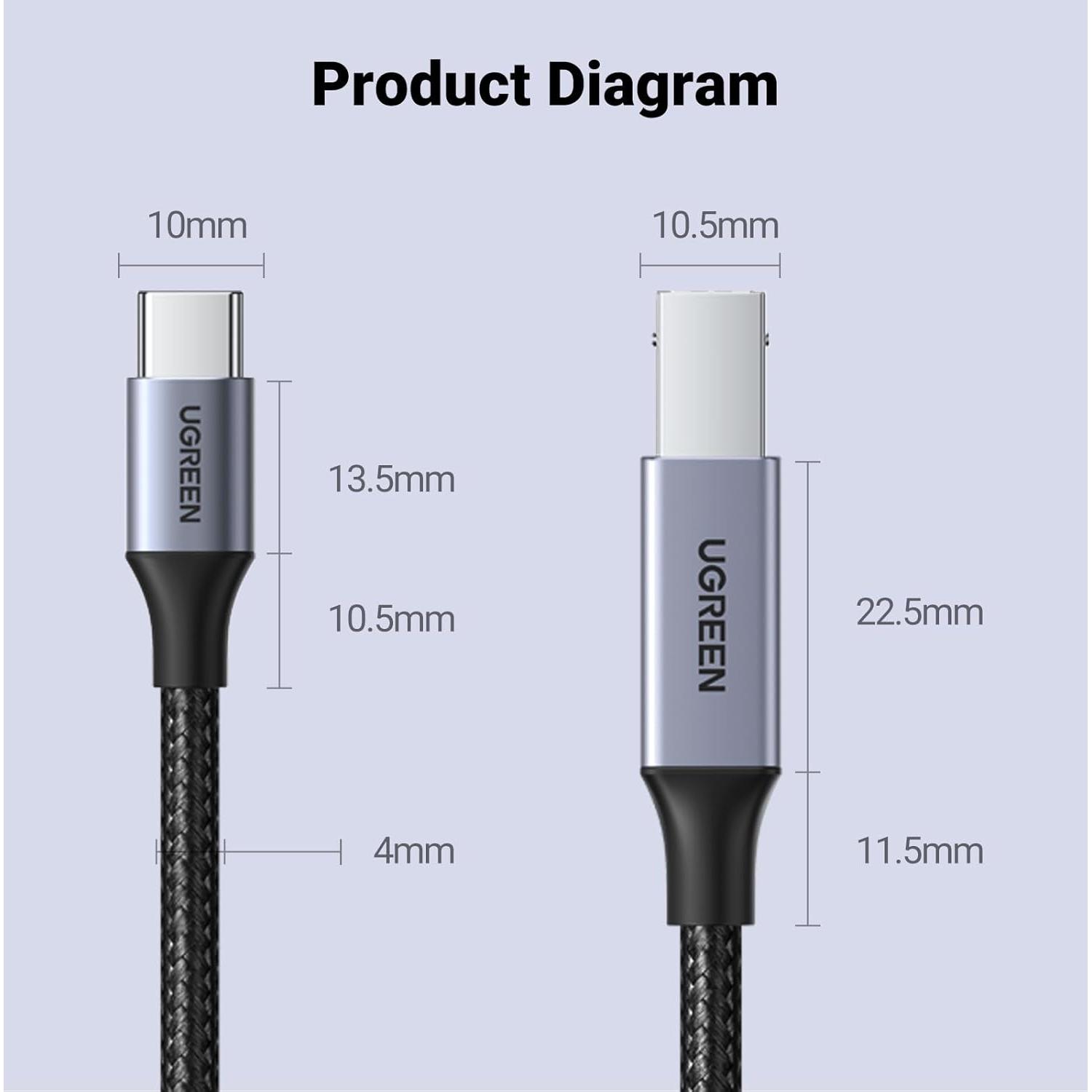 Cable USB B a USB C UGREEN 0.91 m para Impresora y MIDI
