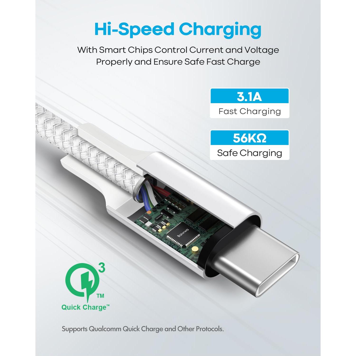 Cable USB Tipo C Baiwwa Blanco 3m - Paquete de 2, Carga Rápida