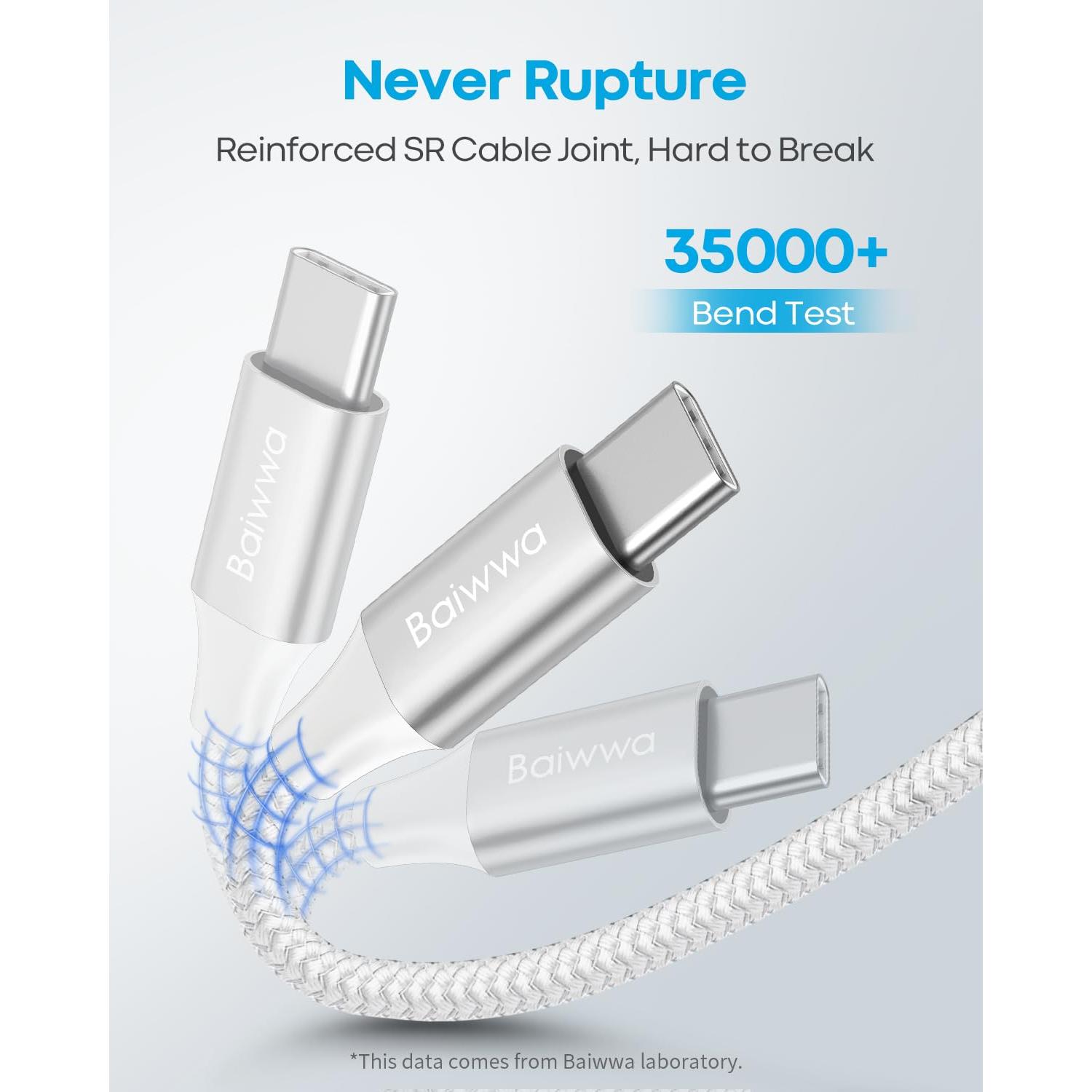 Cable USB Tipo C Baiwwa Blanco 3m - Paquete de 2, Carga Rápida