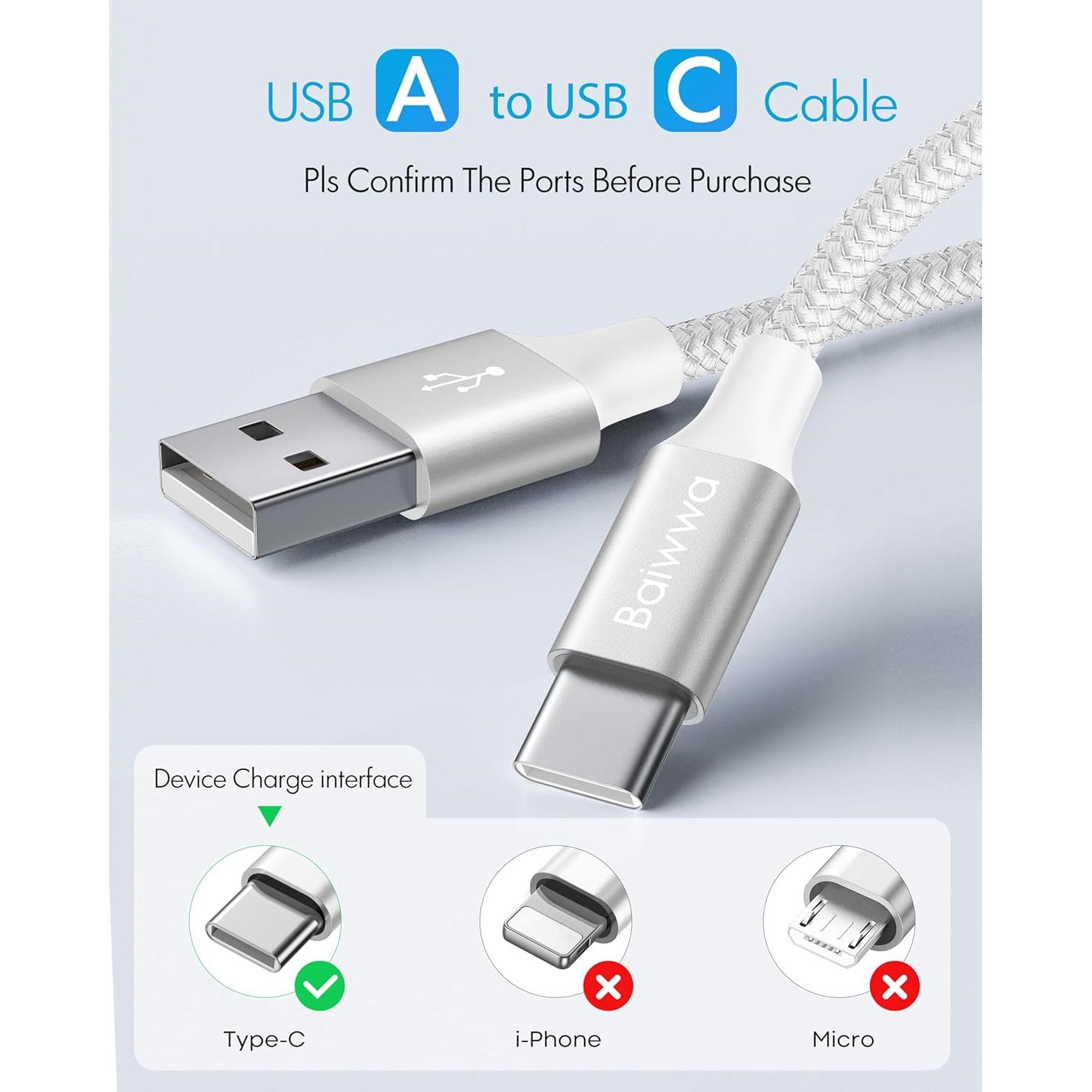 Cable USB Tipo C Baiwwa Blanco 3m - Paquete de 2, Carga Rápida