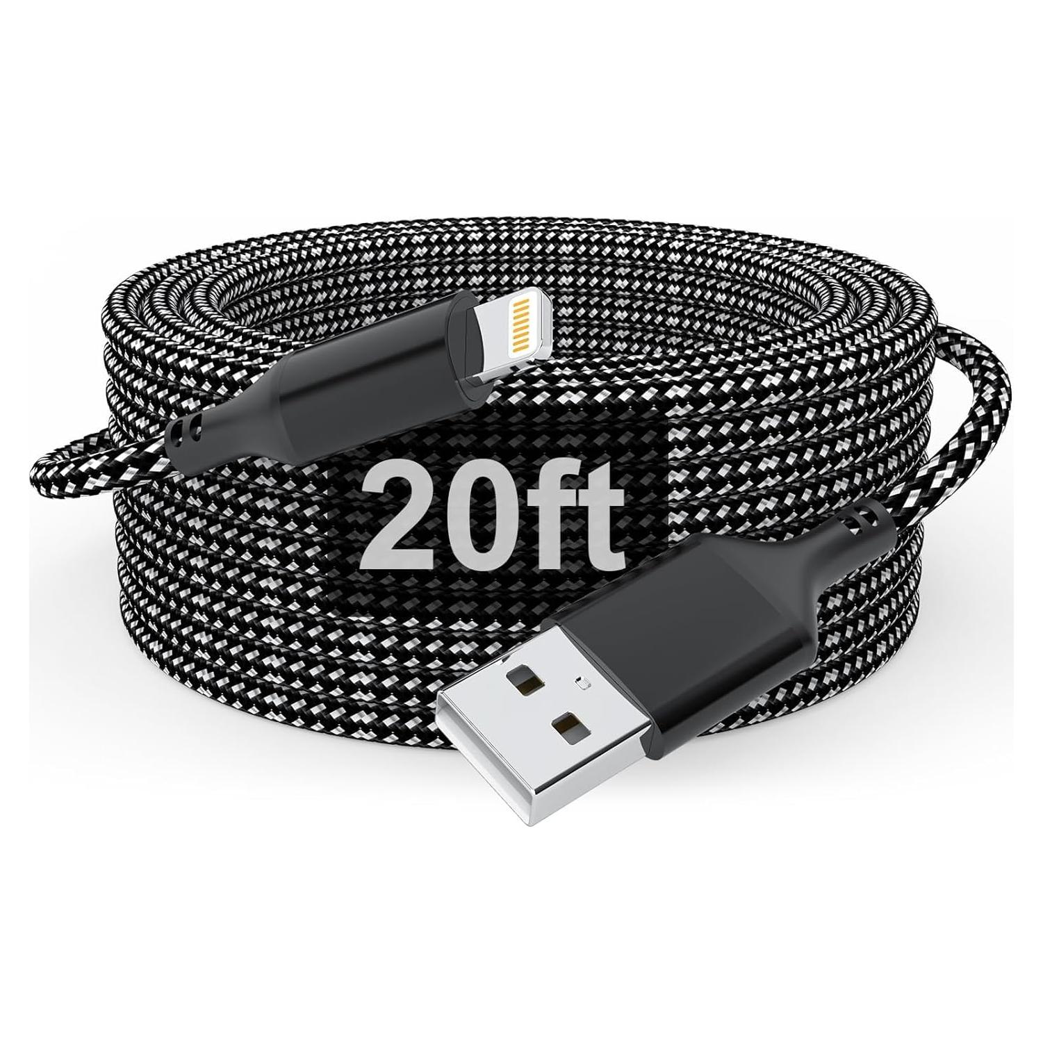 Cable de Carga Extra Largo 6.1m MFi para iPhone y iPad - Negro