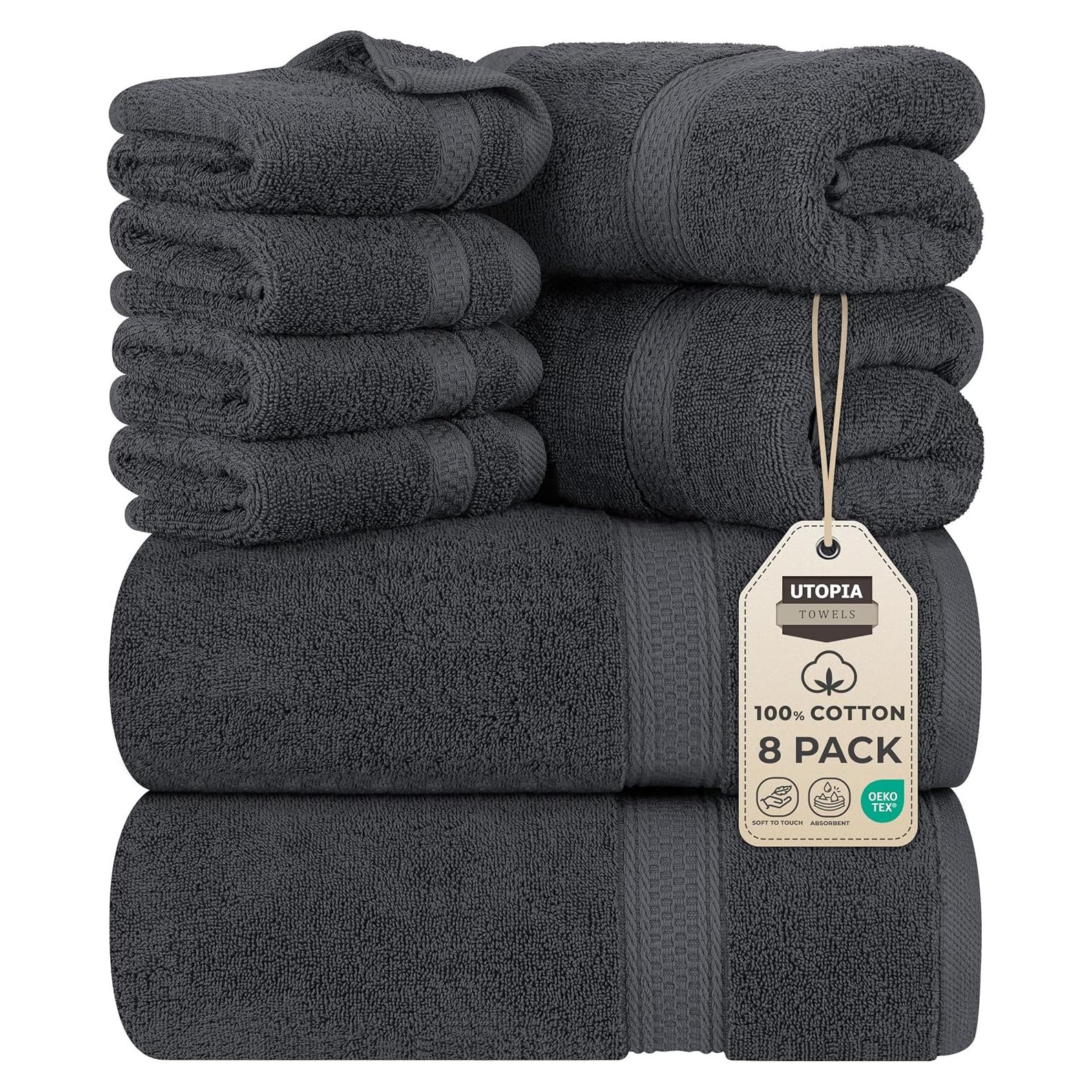 Juego de Toallas Utopia 8 Piezas 100% Algodón Gris 600 GSM
