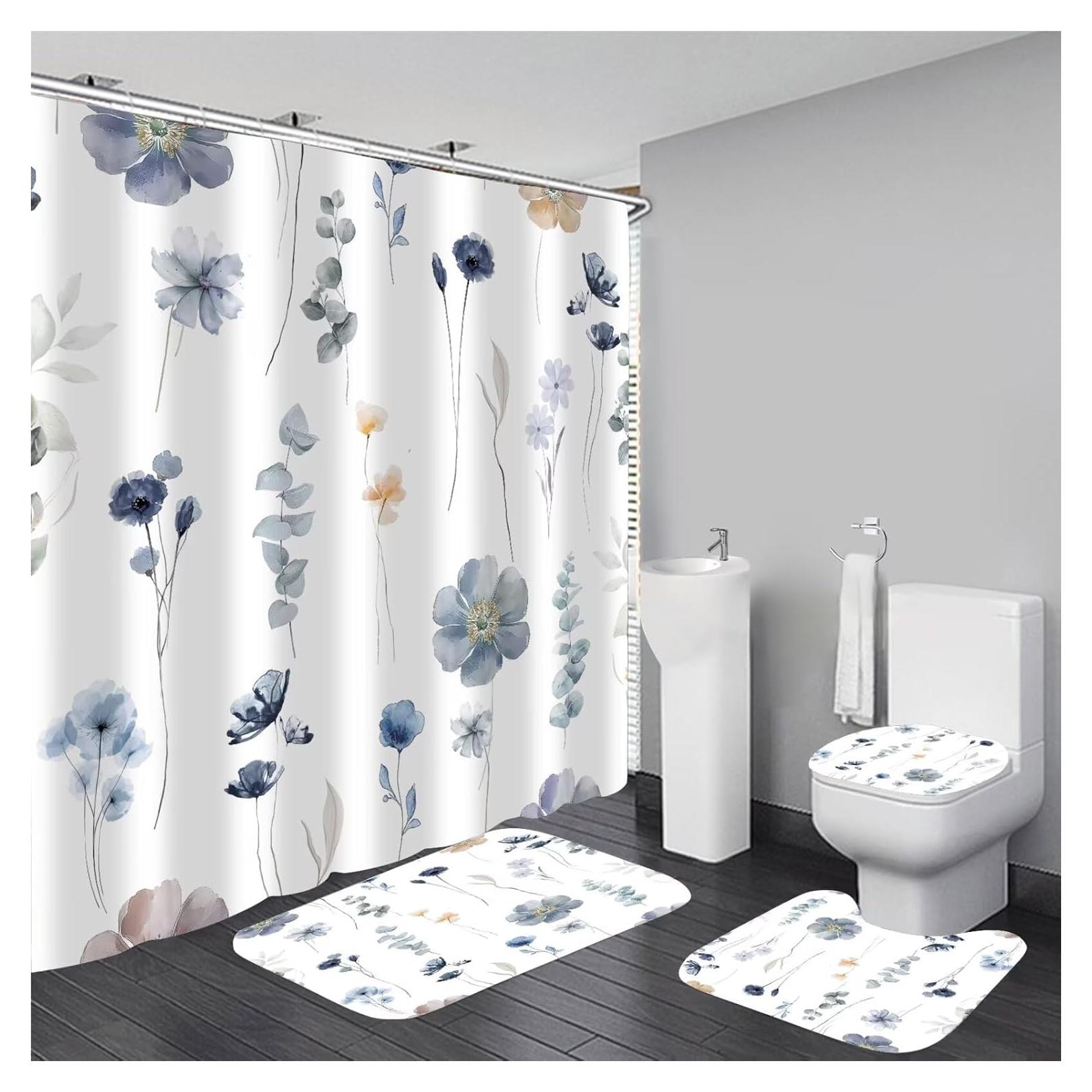 Juego de Cortina de Ducha DDQQ Floral 4 Piezas Antideslizante