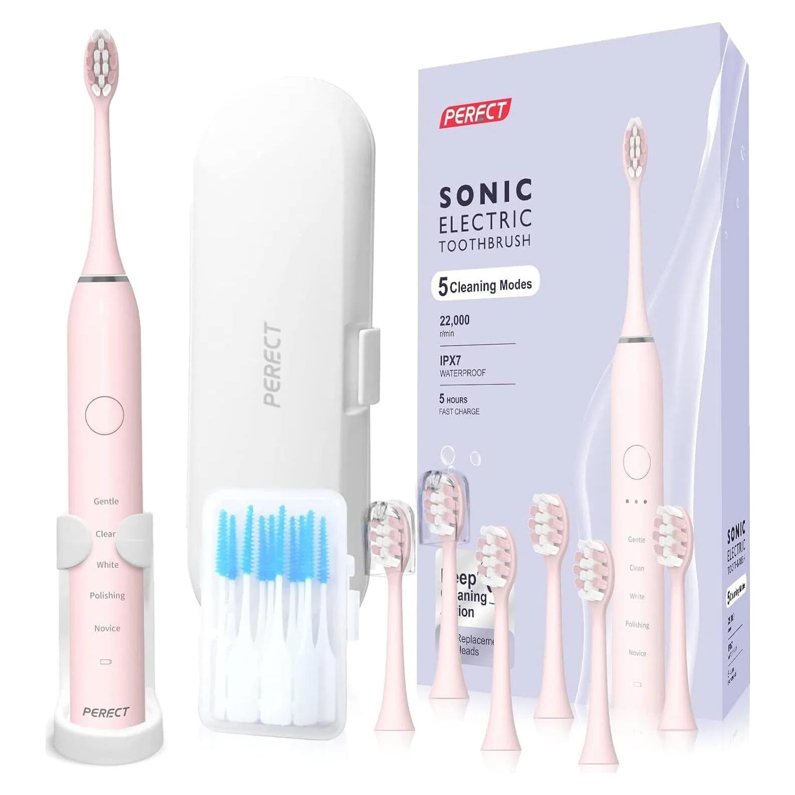 Cepillo de dientes eléctrico PERECT rosa con 6 cabezales y 5 modos