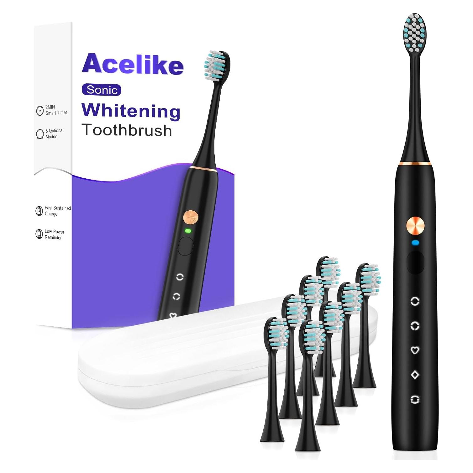 Cepillo de Dientes Eléctrico Acelike 45000 VPM Negro con 8 Cabezas