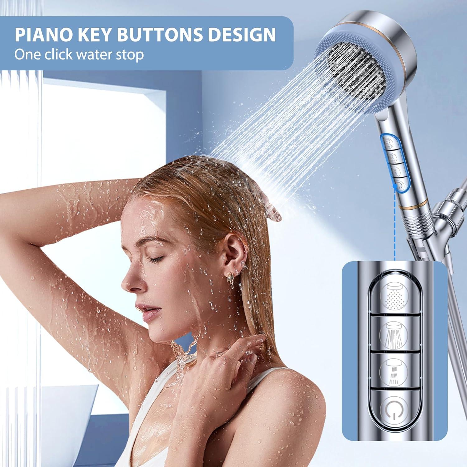 Cabezal de Ducha Filtrado QCHZON con 4 Modos y Manguera 150 cm