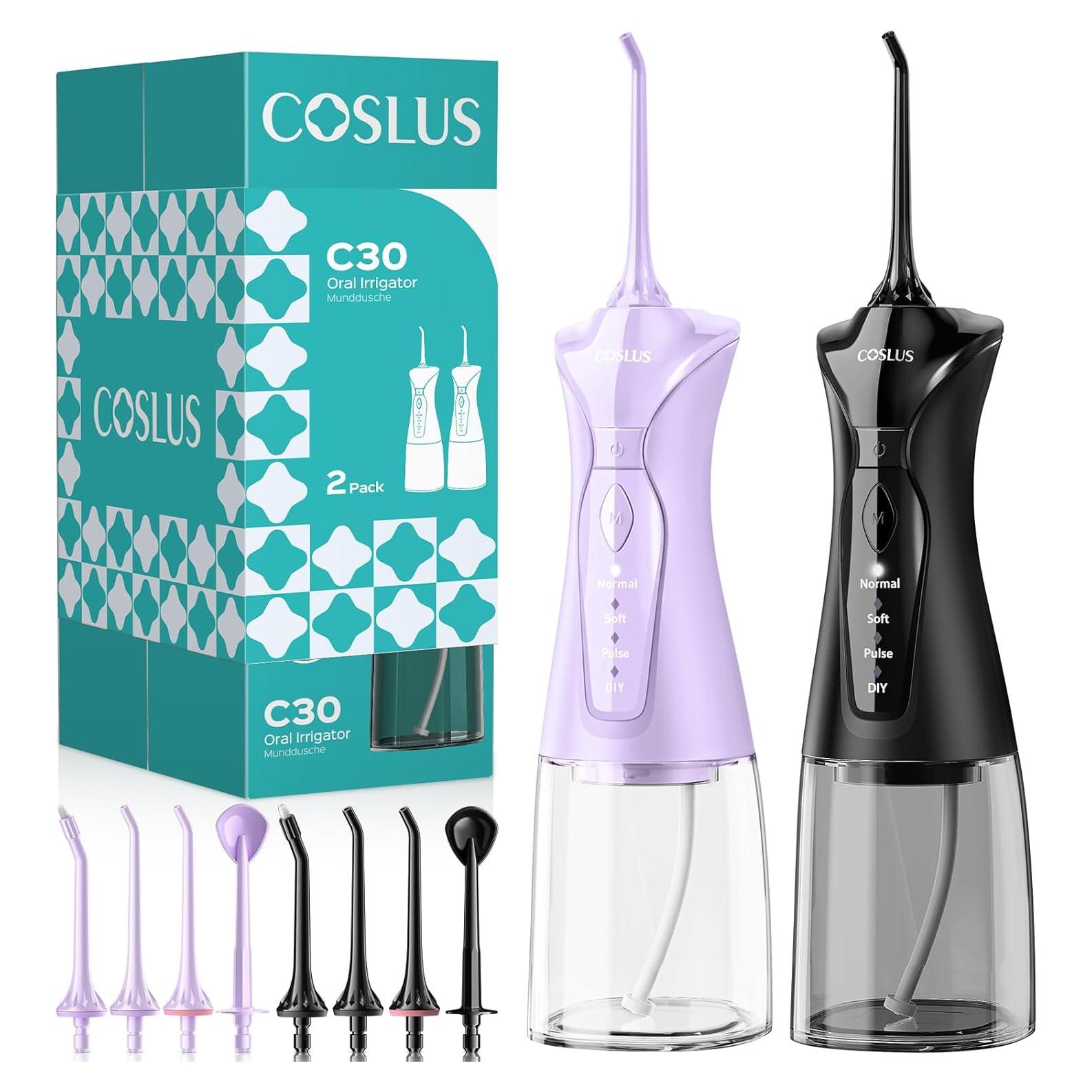 COSLUS Flosser de Agua Inalámbrico 2 Paquetes 3 Modos 8 Niveles