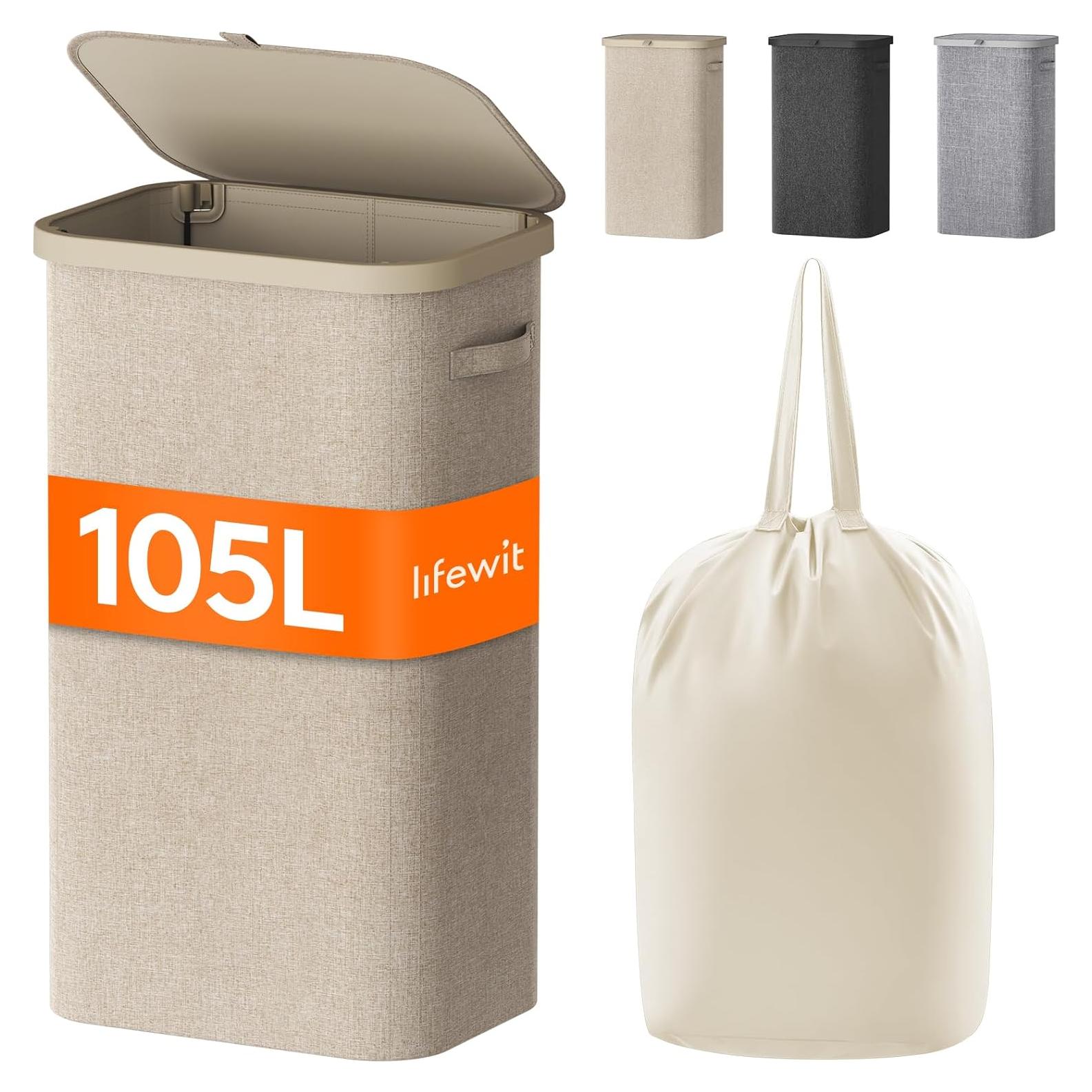 Cesto de Ropa Lifewit 105L con Tapa y Bolsa Extraíble Beige