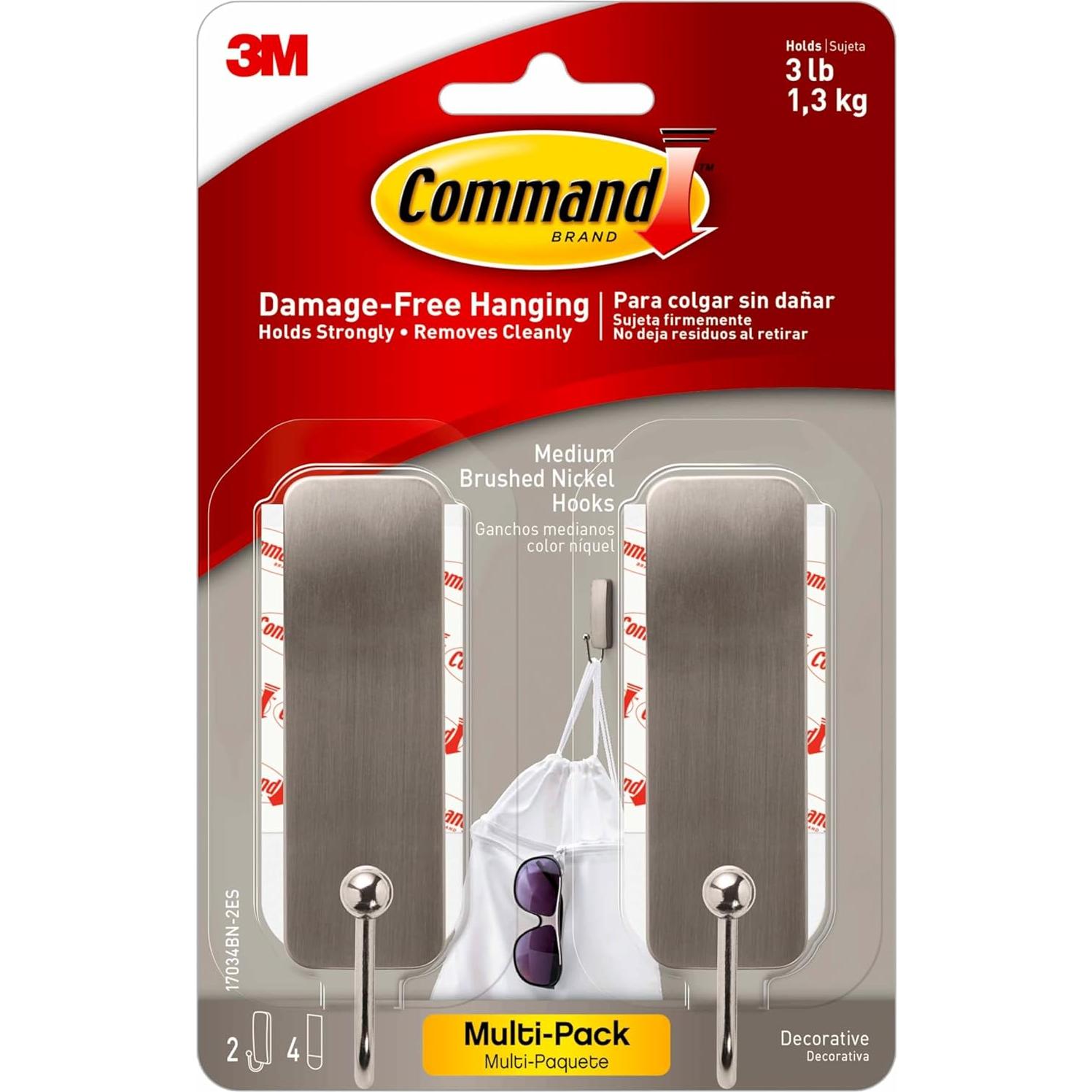 Ganchos de Pared Medianos Command Niquel Cepillado 2 Pzas 1.36 kg