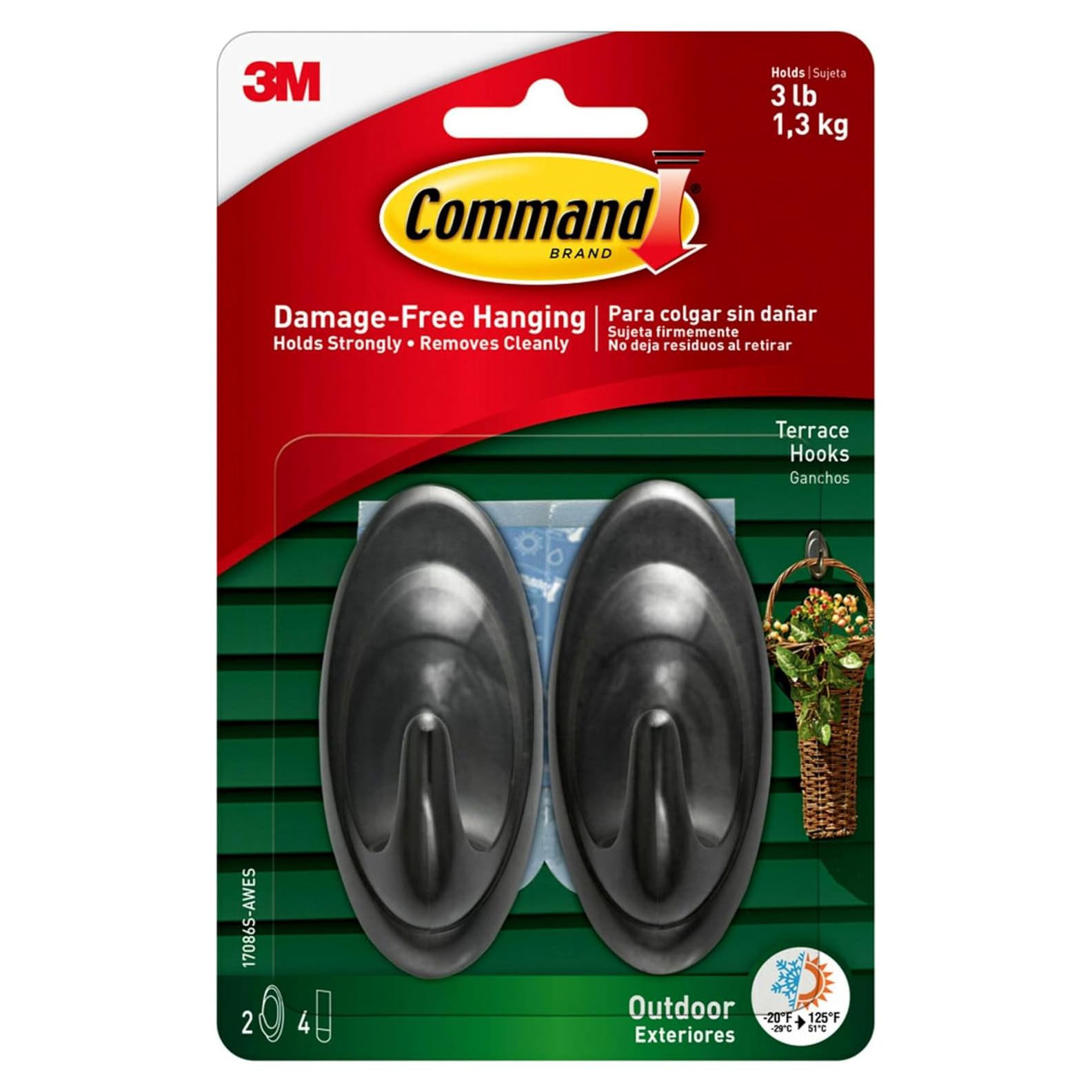 Ganchos de Terraza Command para Exterior - 2 Ganchos, 4 Tiras, Soporta 1.36 kg