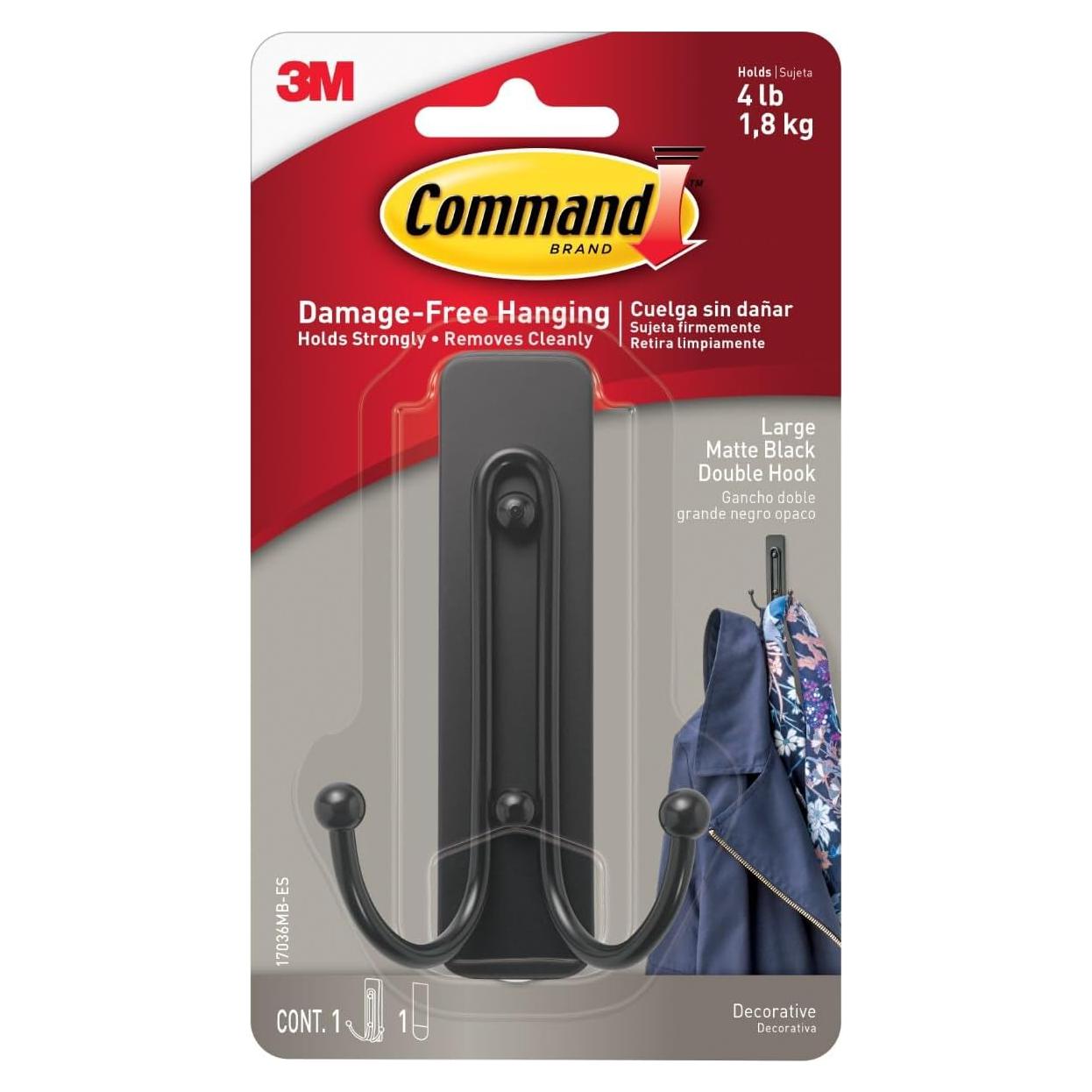 Gancho Doble Negro Mate Command 1.81 kg para Pared