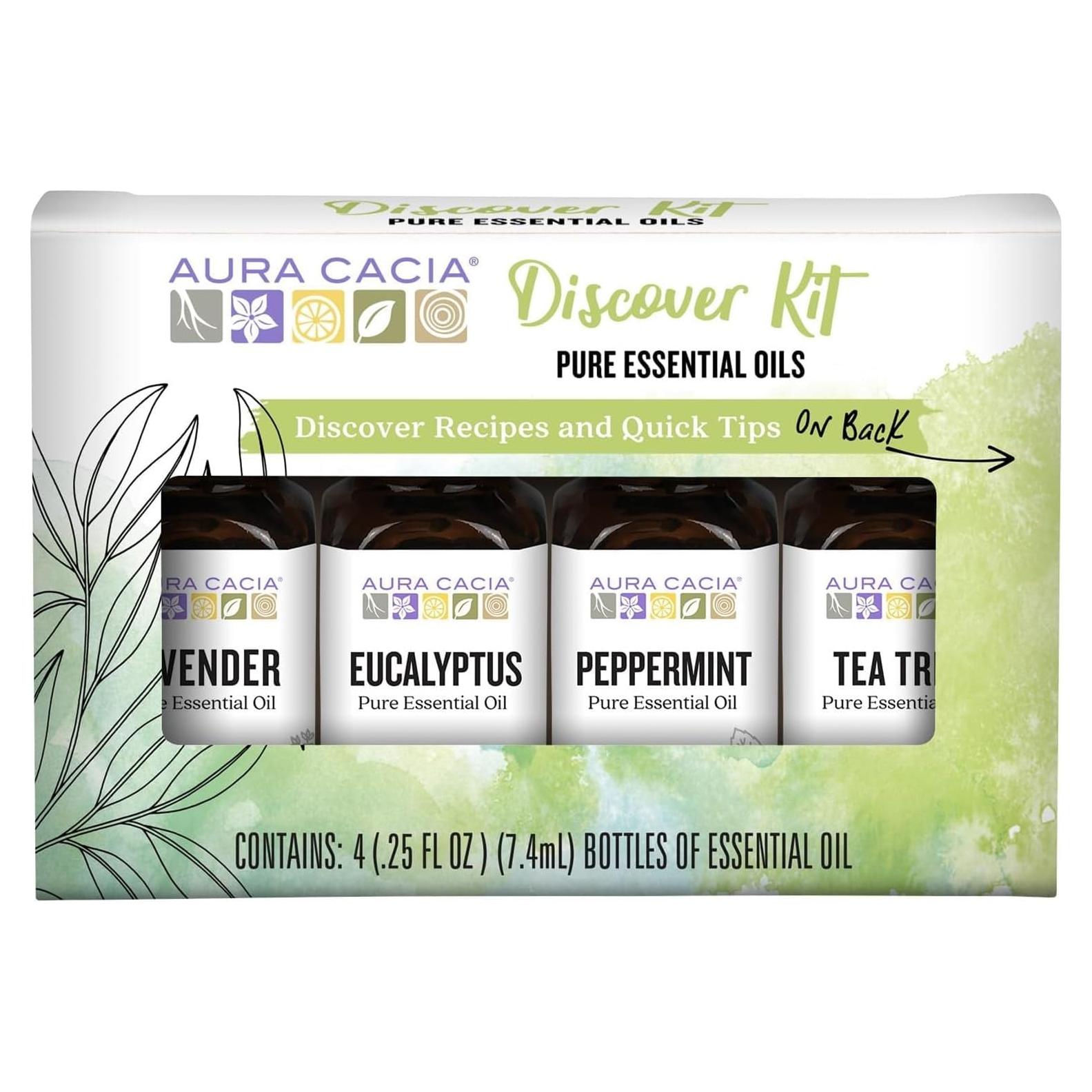 Kit de Aceites Esenciales Aura Cacia 4-Pack Lavanda Eucalipto Menta Árbol de Té