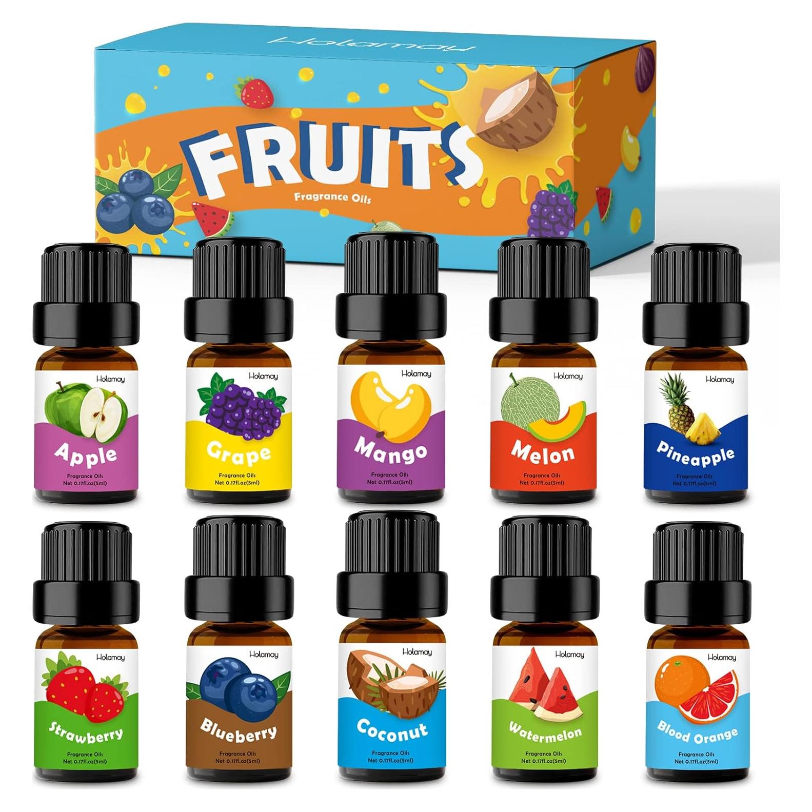 Set de Aceites de Fragancia Afrutada Holamay 10 x 5ml - Coco, Fresa, Mango, Piña